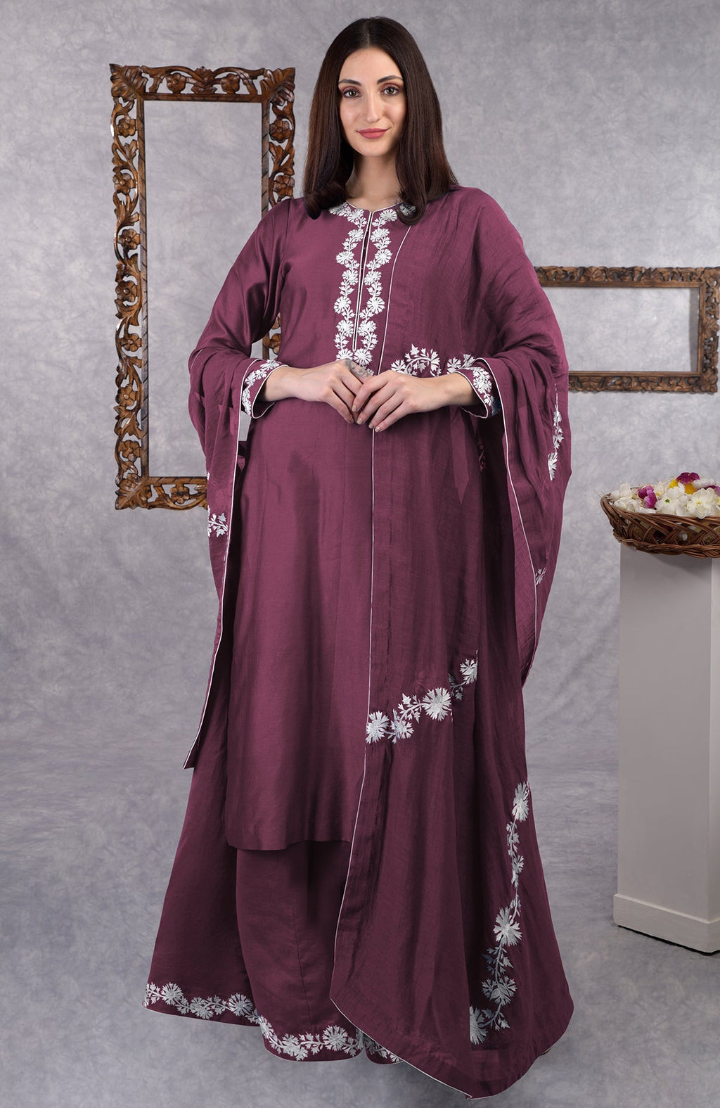 Burgundy purple chanderi sharara suit with white Kashmiri Bagh inspired thread embroidery.
