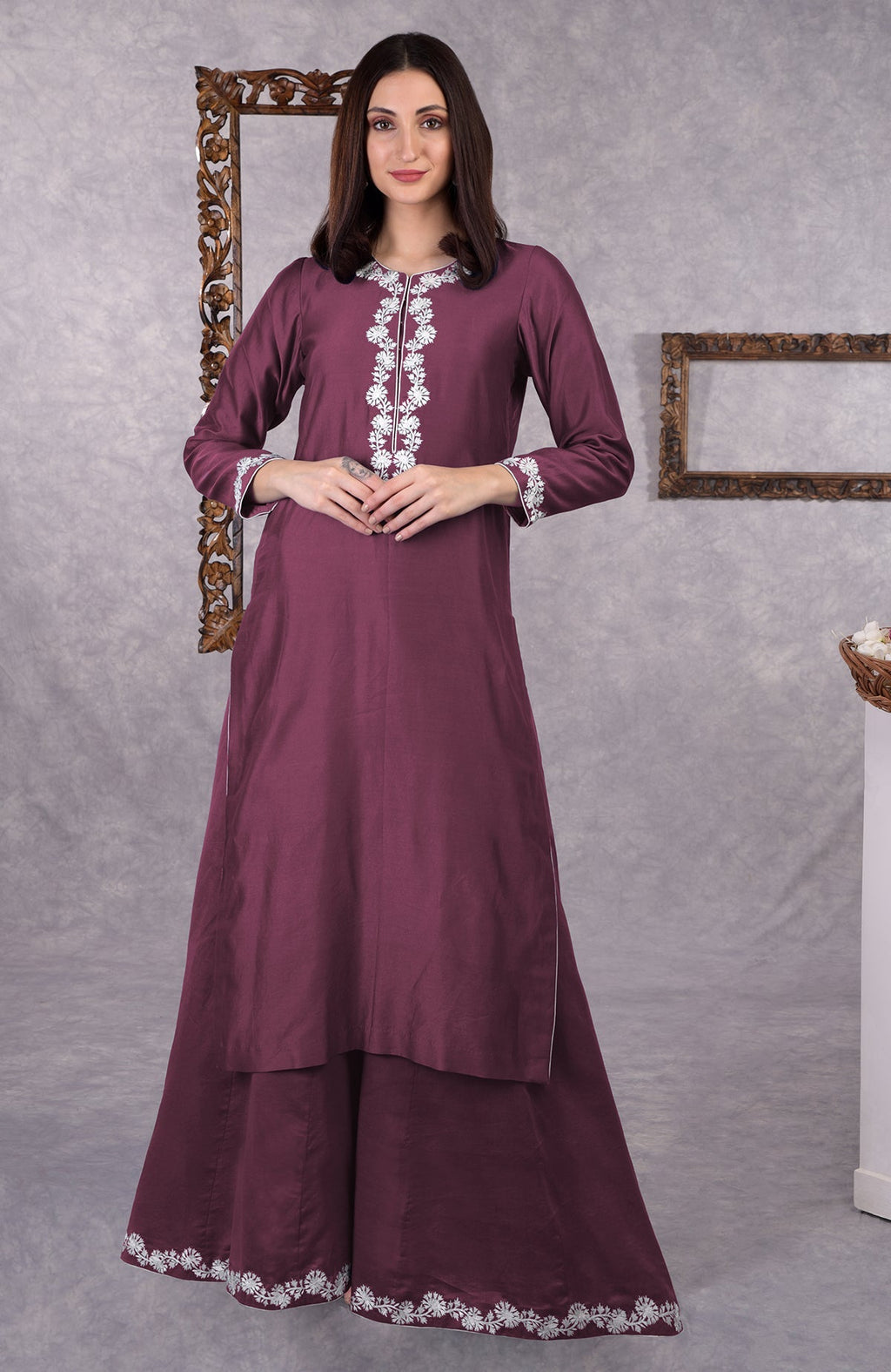 Burgundy purple chanderi sharara suit with white Kashmiri Bagh inspired thread embroidery.