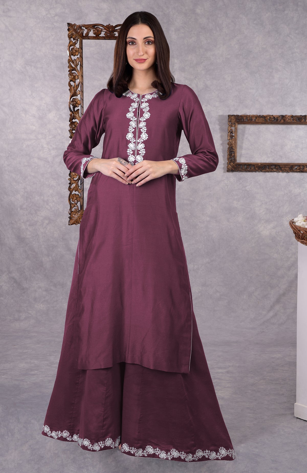 Burgundy purple chanderi sharara suit with white Kashmiri Bagh inspired thread embroidery.