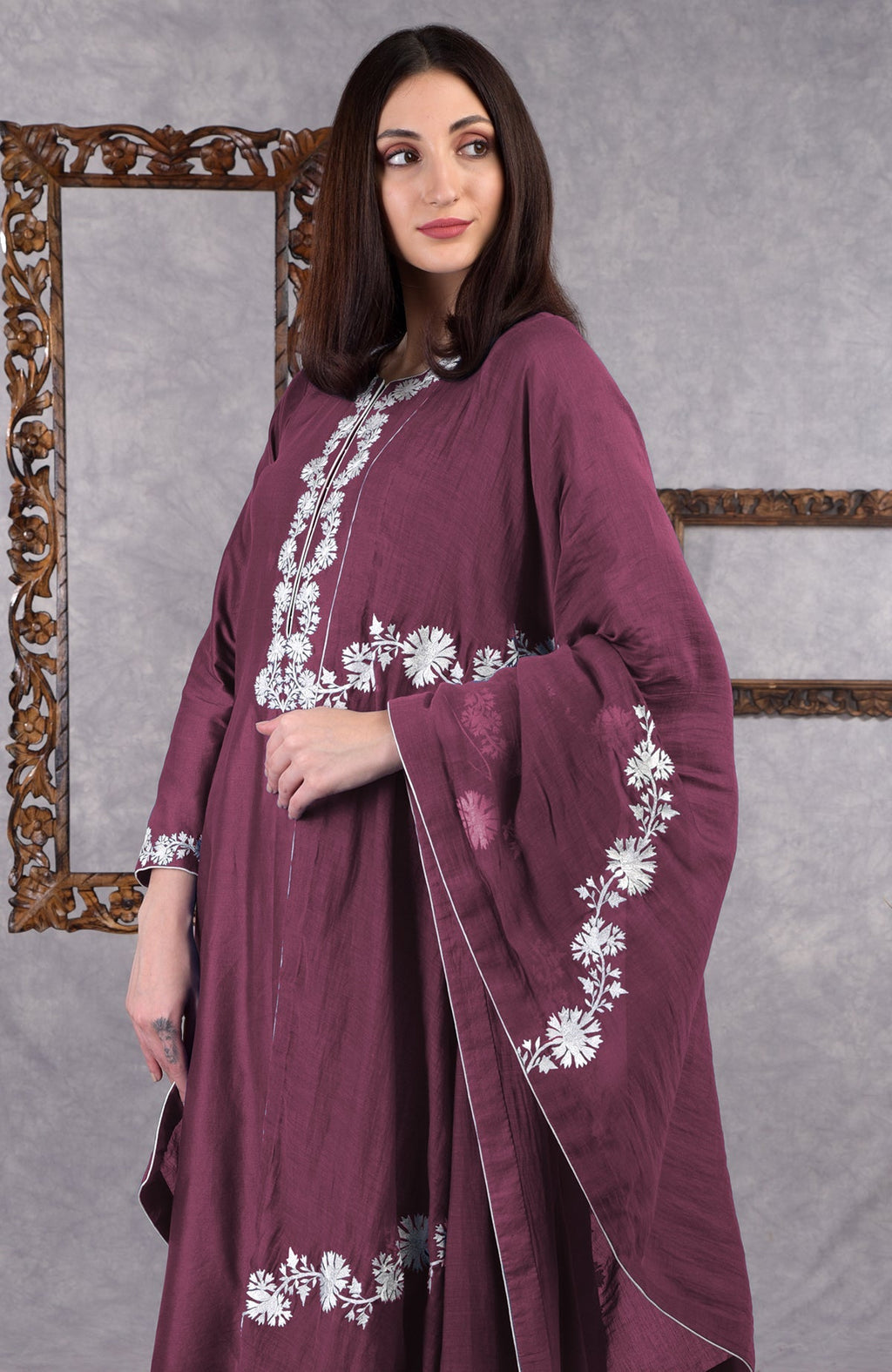 Burgundy purple chanderi sharara suit with white Kashmiri Bagh inspired thread embroidery