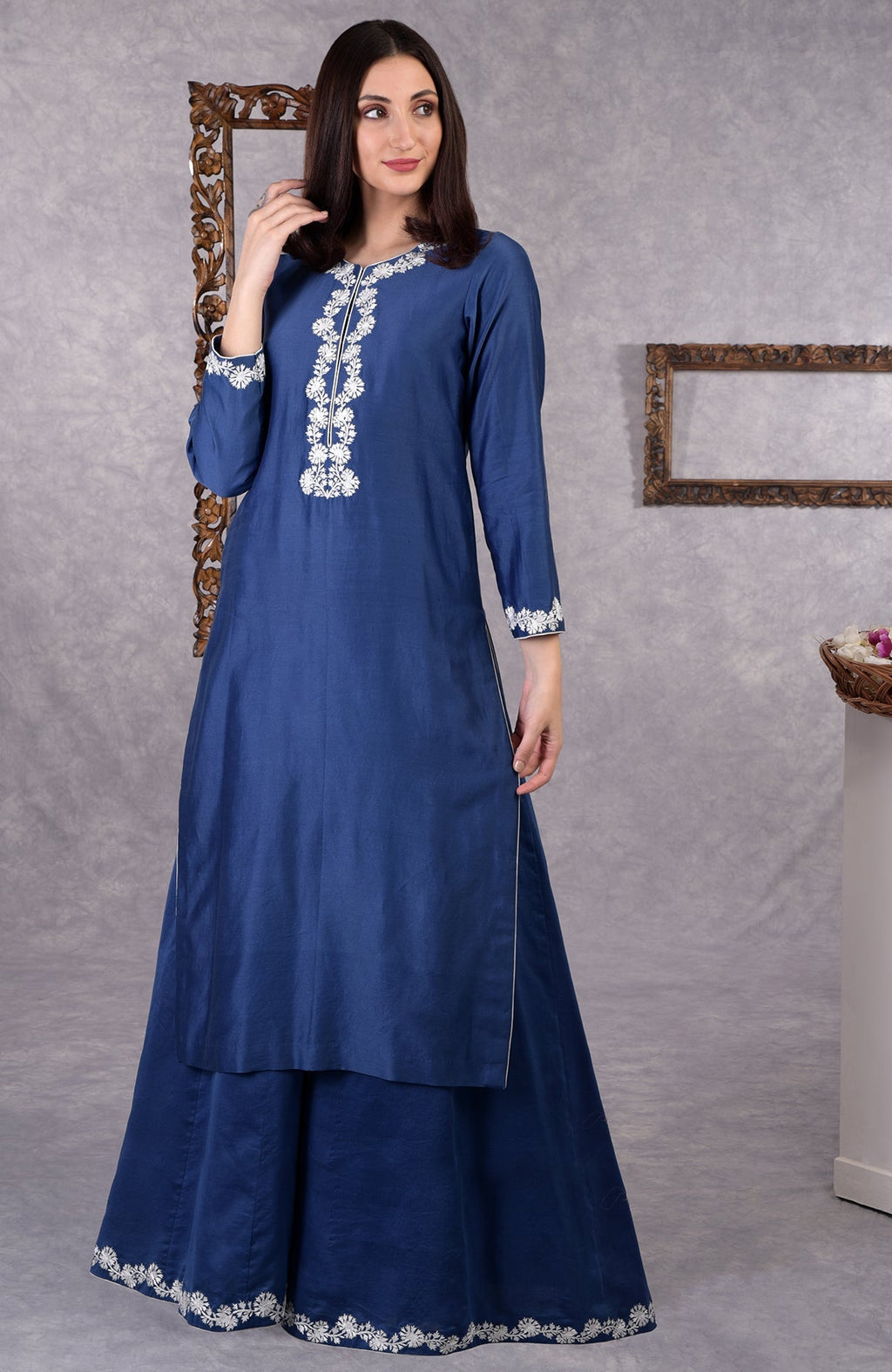Classic blue chanderi sharara suit with white Kashmir Bagh thread embroidery and matching dupatta.