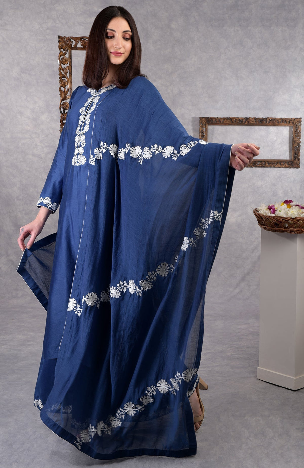 Classic blue chanderi sharara suit with white Kashmir Bagh thread embroidery and matching dupatta.