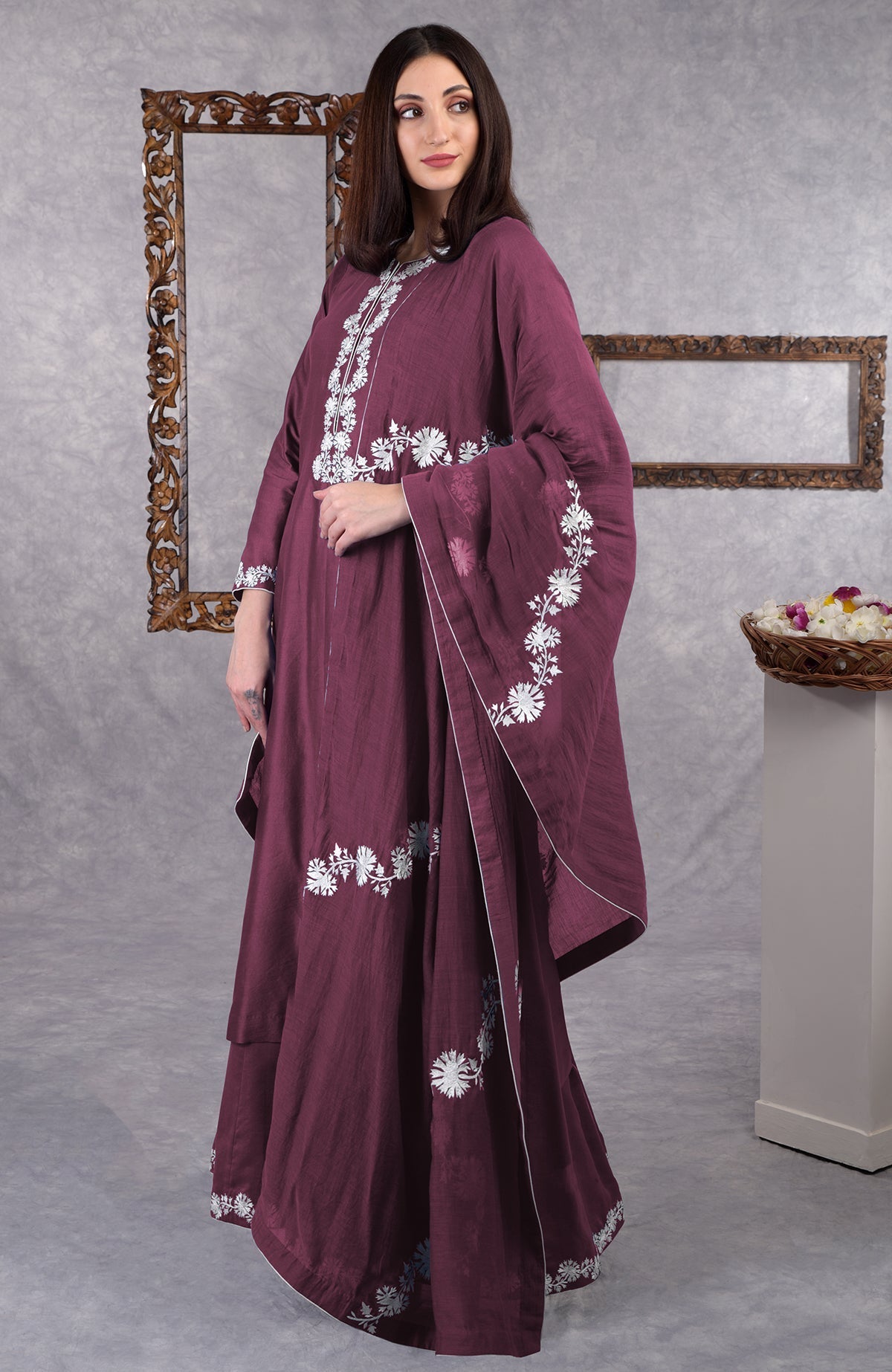 Burgundy purple chanderi sharara suit with white Kashmiri Bagh inspired thread embroidery and dupatta.