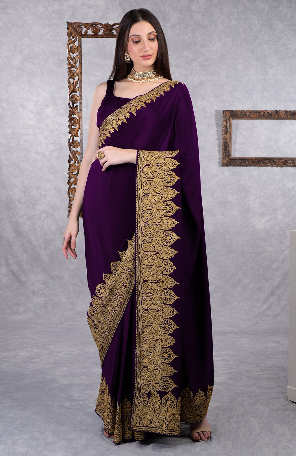Dark plum crepe saree with gold Kashmiri tilla aari floral and paisley embroidery border