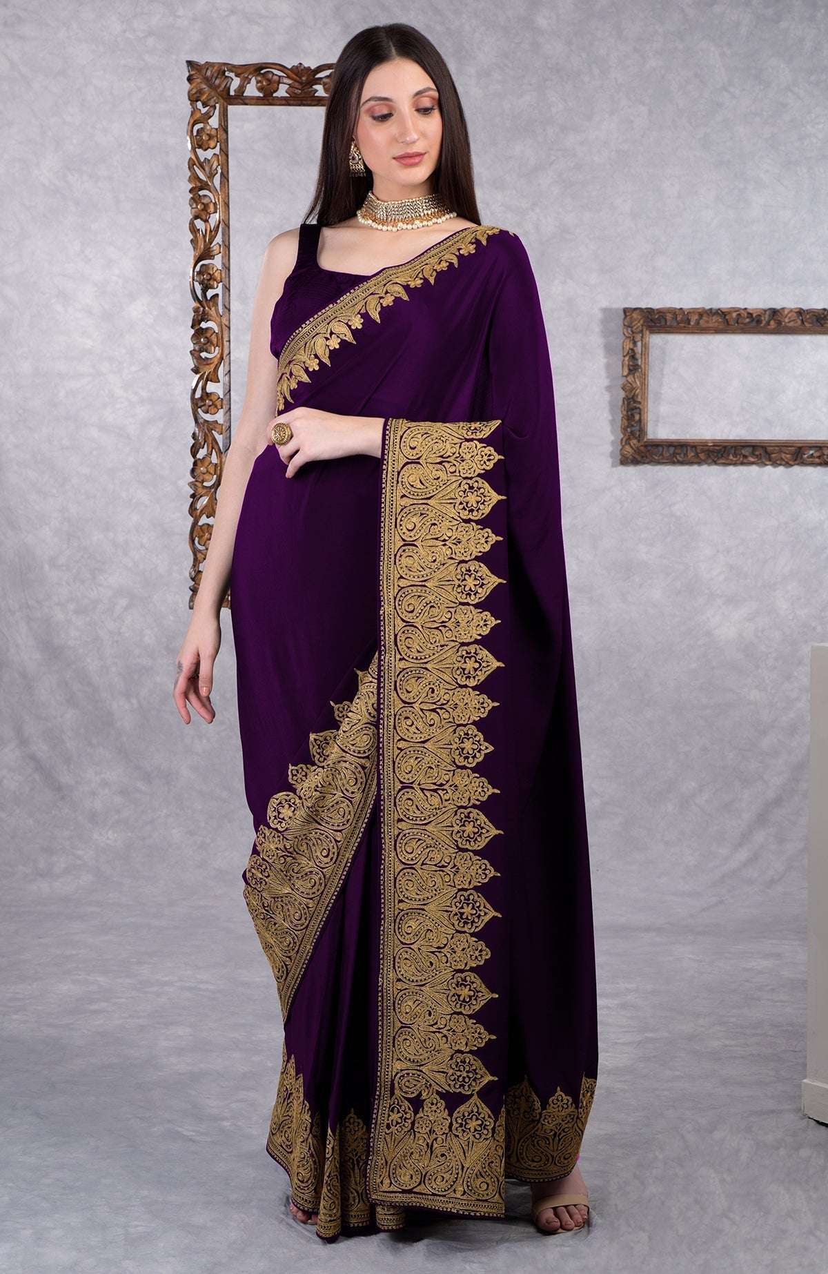 Dark plum crepe saree with gold Kashmiri tilla aari floral and paisley embroidery border