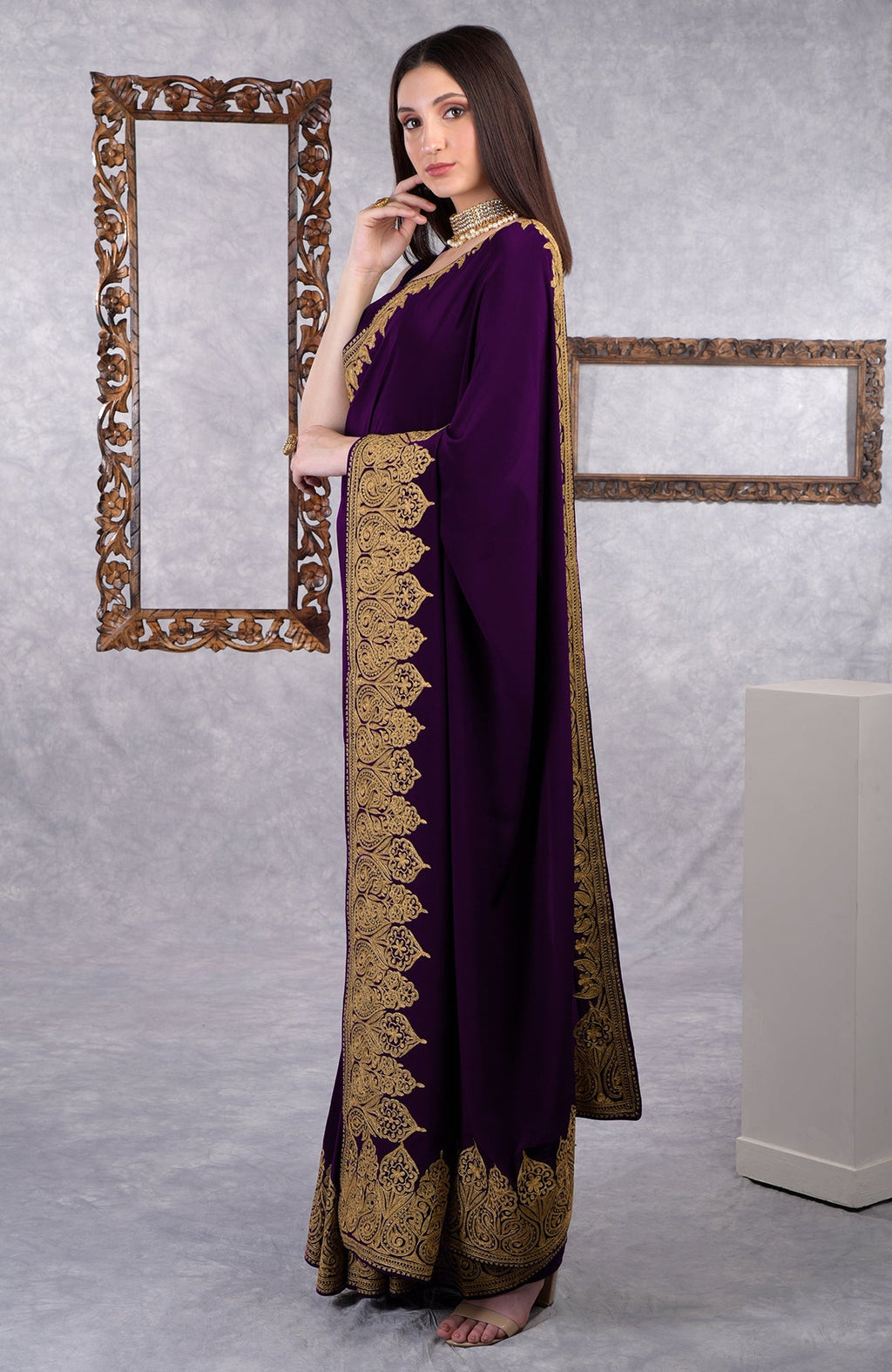 Dark plum crepe saree with gold Kashmiri tilla aari floral and paisley embroidery border