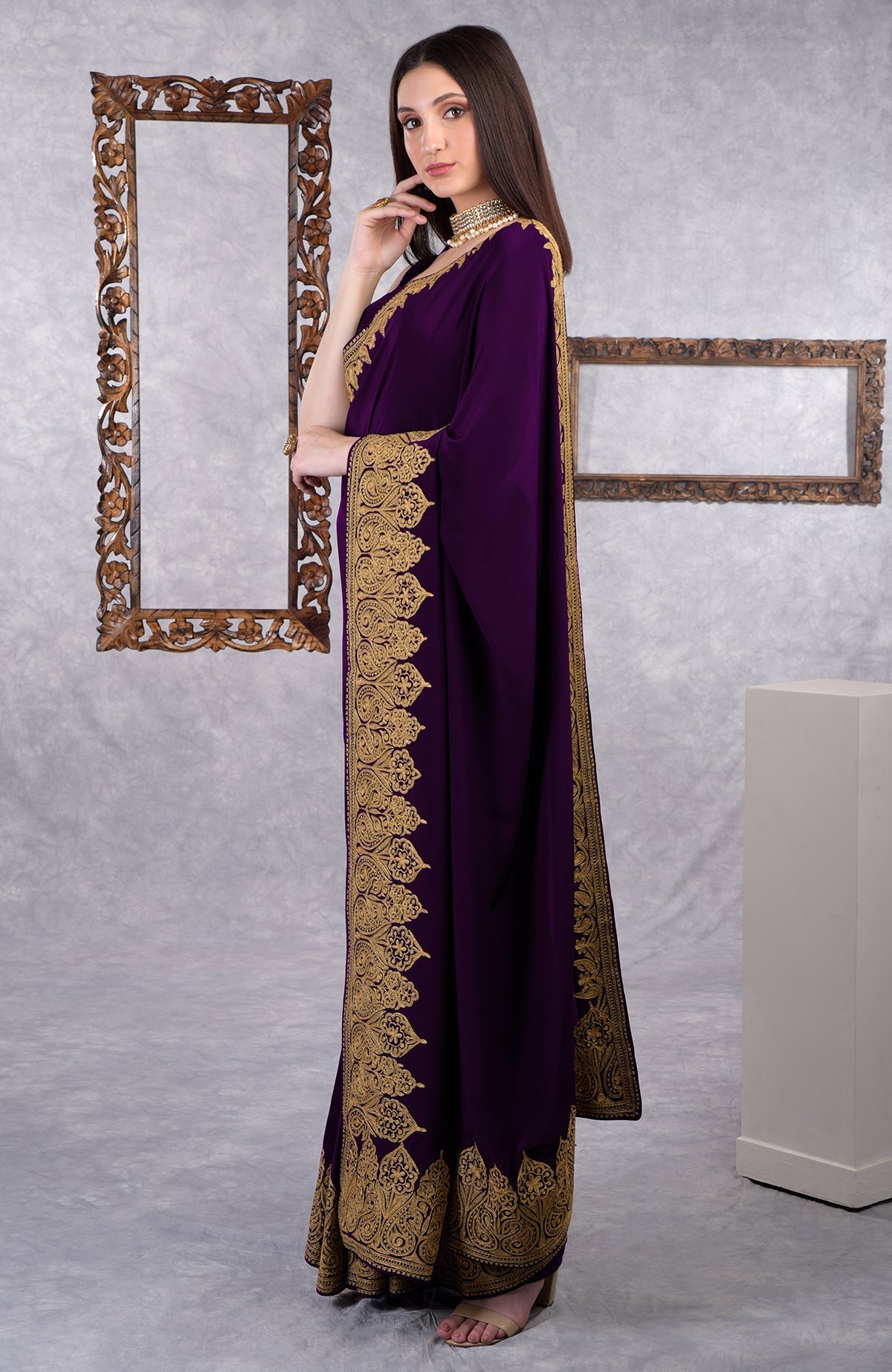 Dark plum crepe saree with gold Kashmiri tilla aari floral and paisley embroidery border