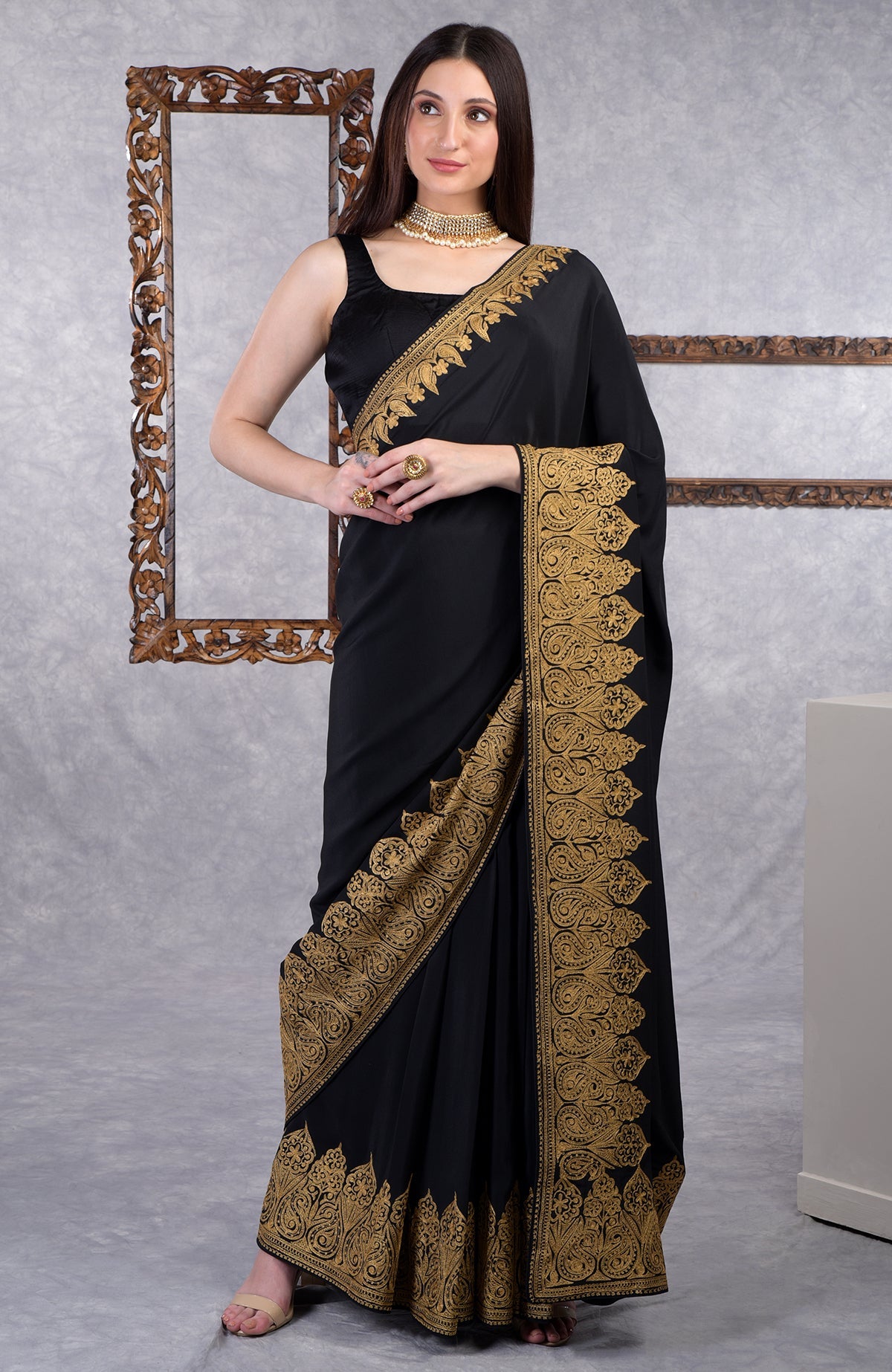 Dark plum crepe saree with gold Kashmiri tilla aari floral and paisley embroidery border