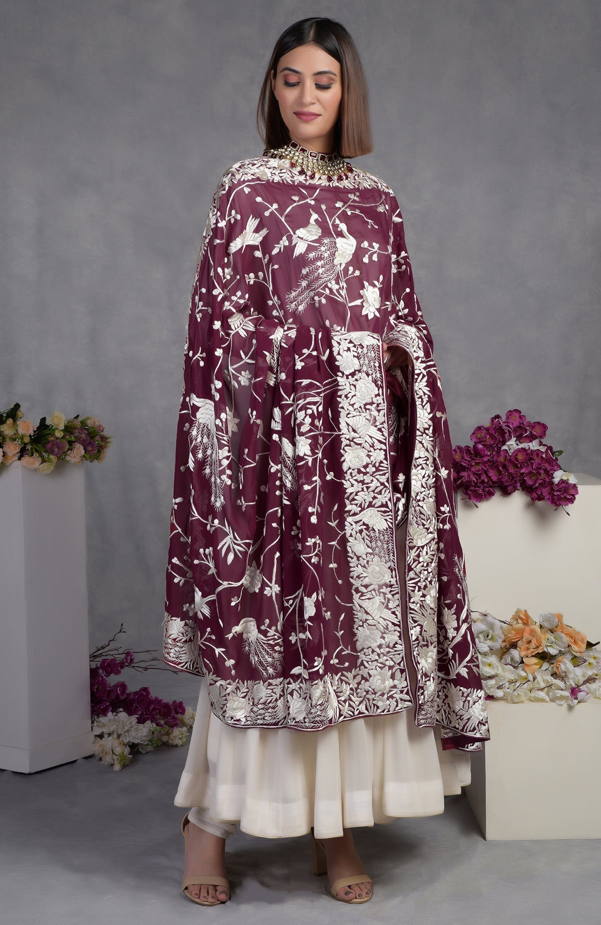 Ruby wine georgette dupatta with ivory hand-embroidered Parsi Gara borders and floral bird motifs