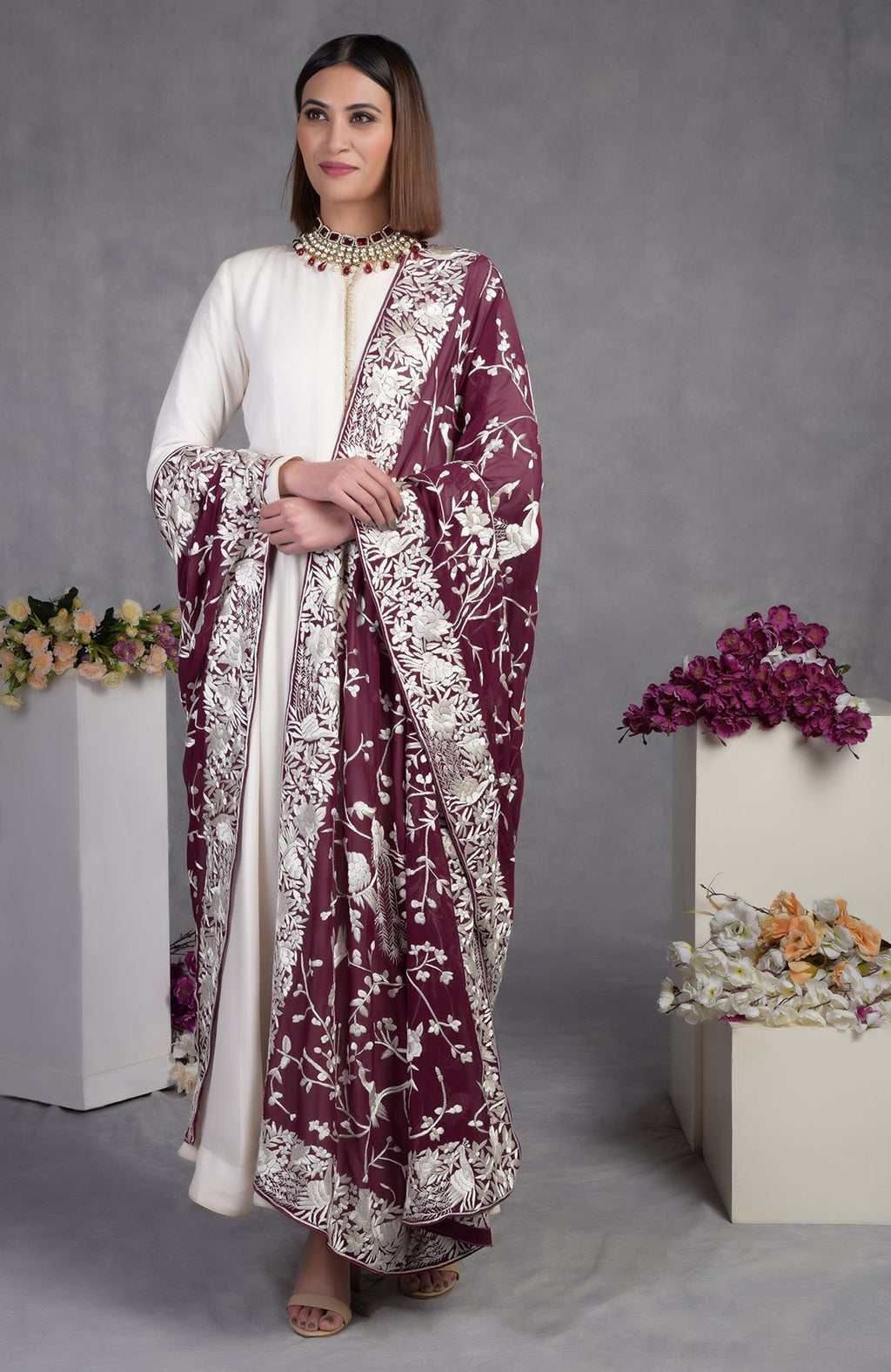 Ruby wine georgette dupatta with ivory Parsi Gara hand embroidery and floral bird motifs.