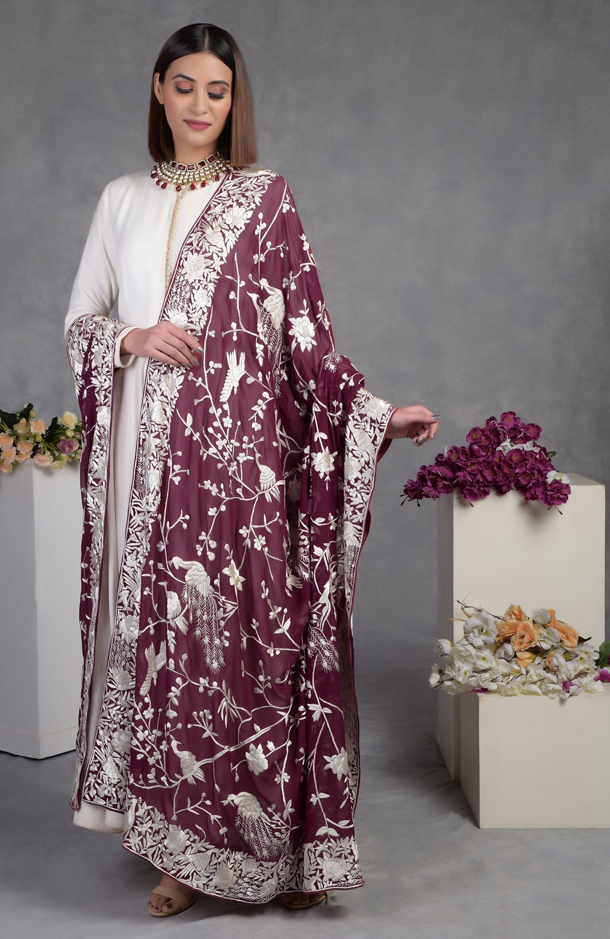 Ruby wine georgette dupatta with ivory hand-embroidered Parsi Gara borders and floral bird motifs