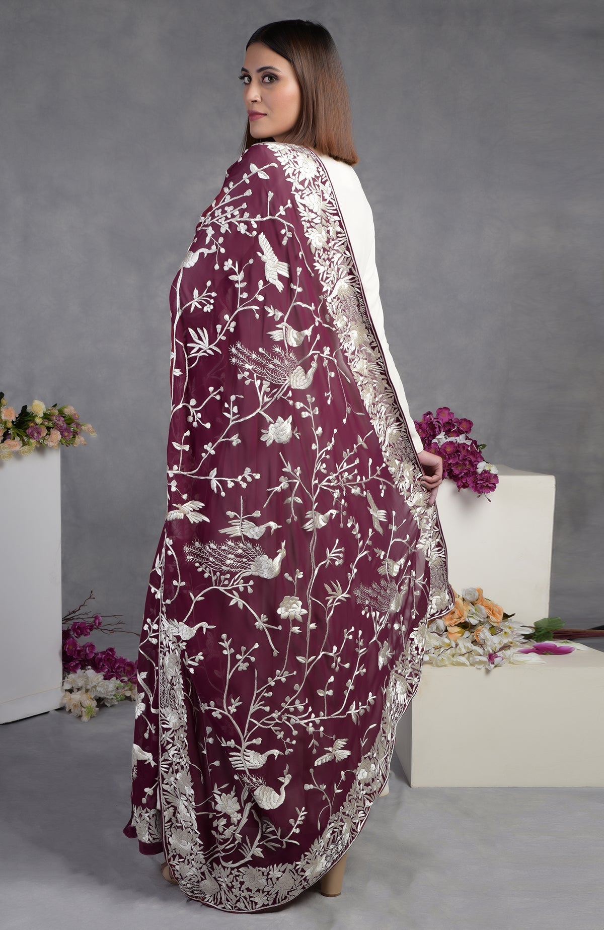 Ruby wine georgette dupatta with ivory hand-embroidered Parsi Gara borders and floral bird motifs