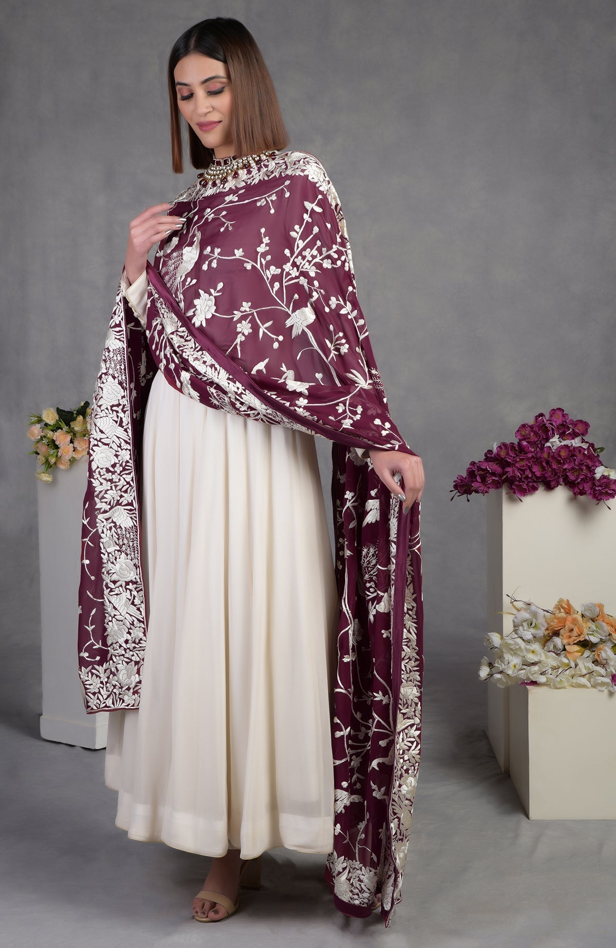 Ruby wine georgette dupatta with ivory hand-embroidered Parsi Gara borders and floral bird motifs