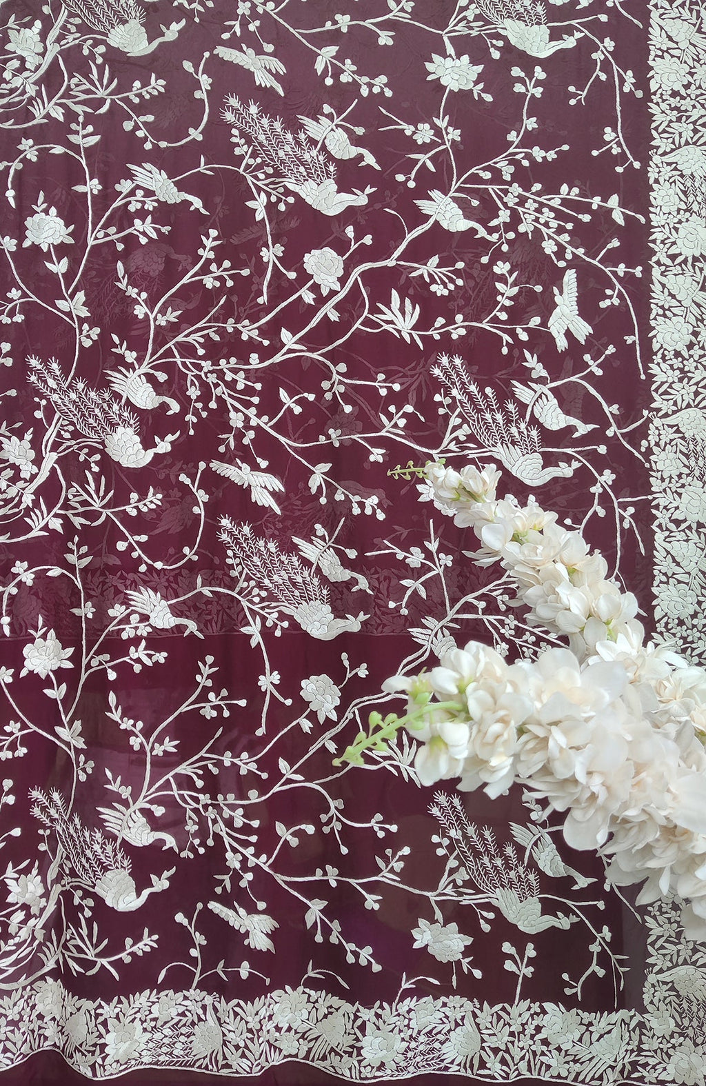 Wine-colored georgette dupatta with ivory Parsi Gara embroidery and chikankari Anarkali suit.
