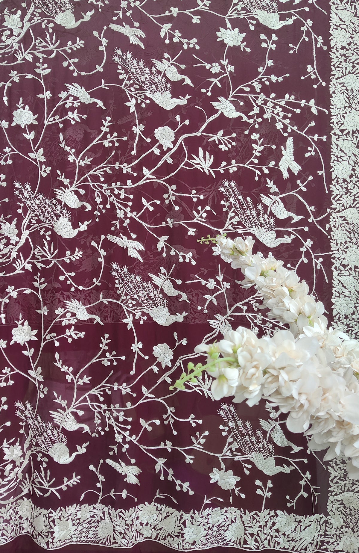Wine-colored georgette dupatta with ivory Parsi Gara embroidery and chikankari Anarkali suit.