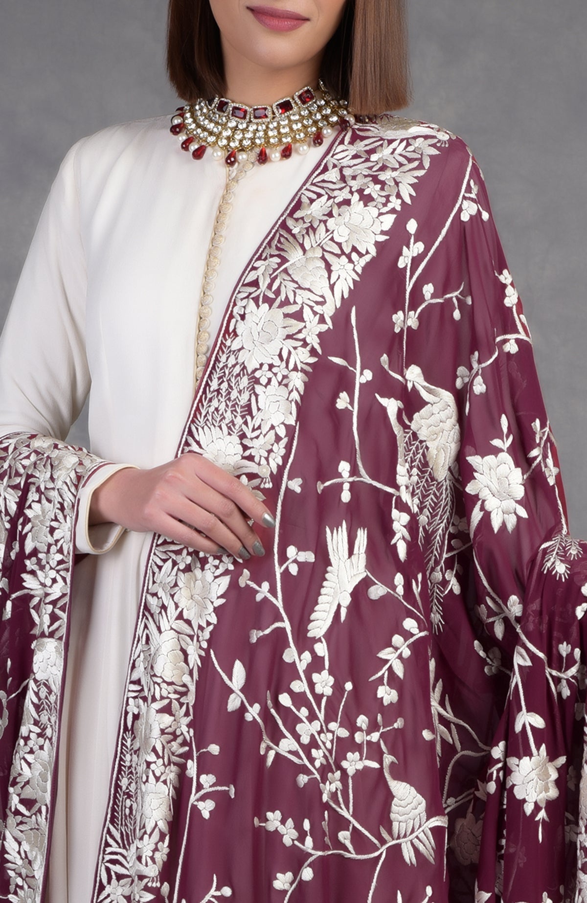 Ruby wine georgette dupatta with ivory Parsi Gara hand embroidery and floral bird motifs.