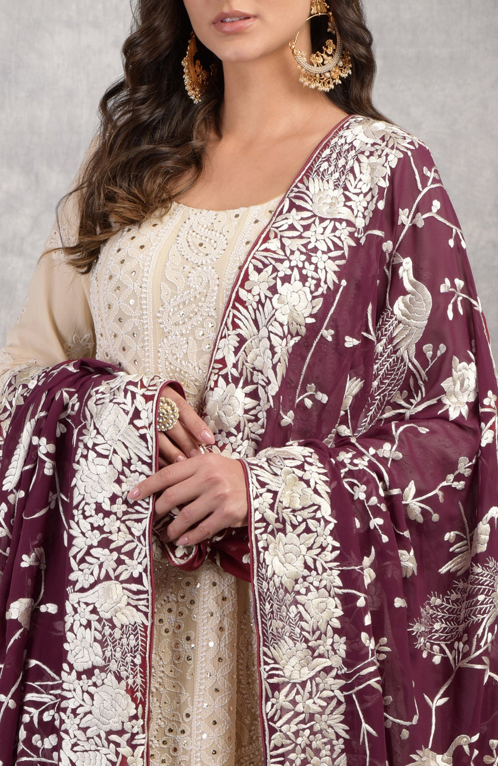 Wine-colored georgette dupatta with ivory Parsi Gara embroidery and chikankari Anarkali suit details.