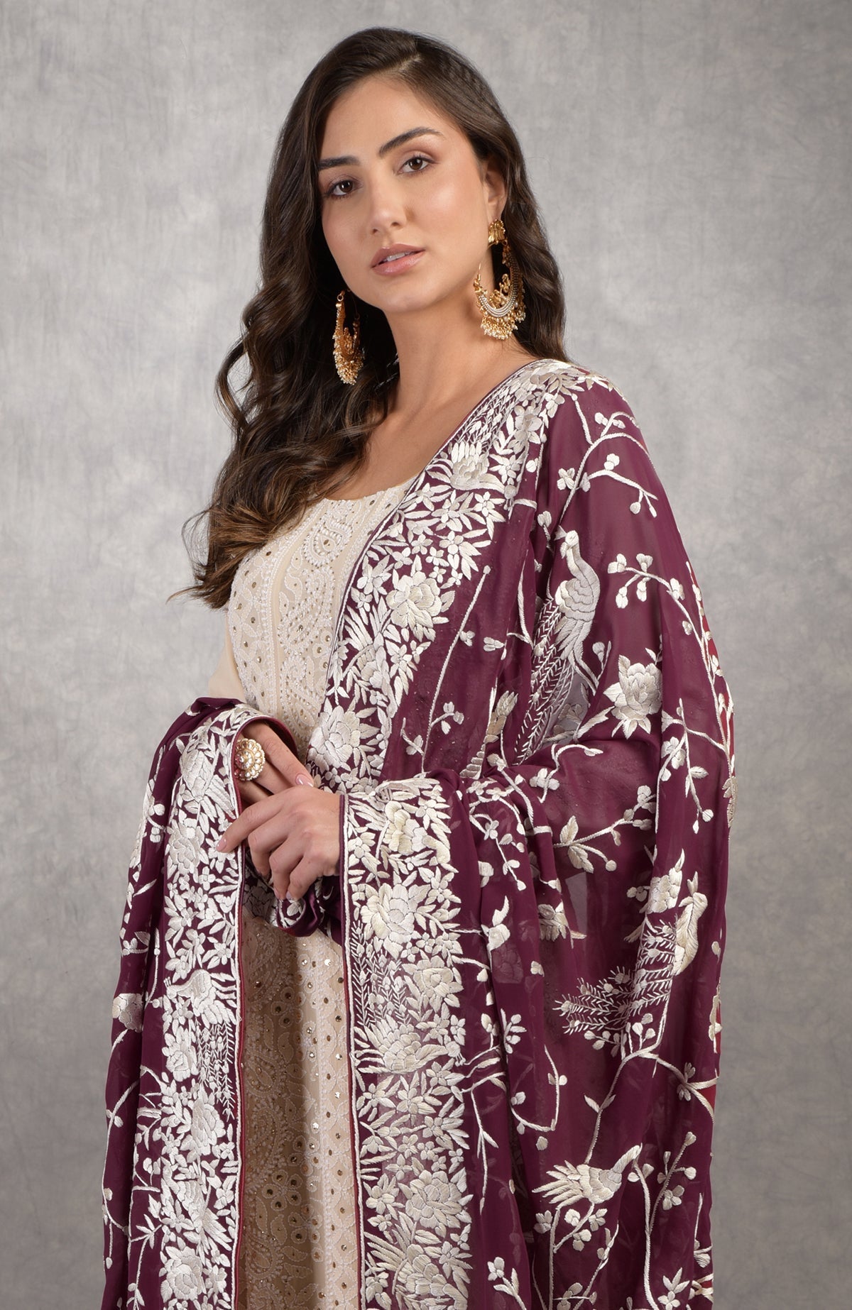 Ruby wine georgette dupatta with ivory Parsi Gara embroidery and chikankari Anarkali suit details visible