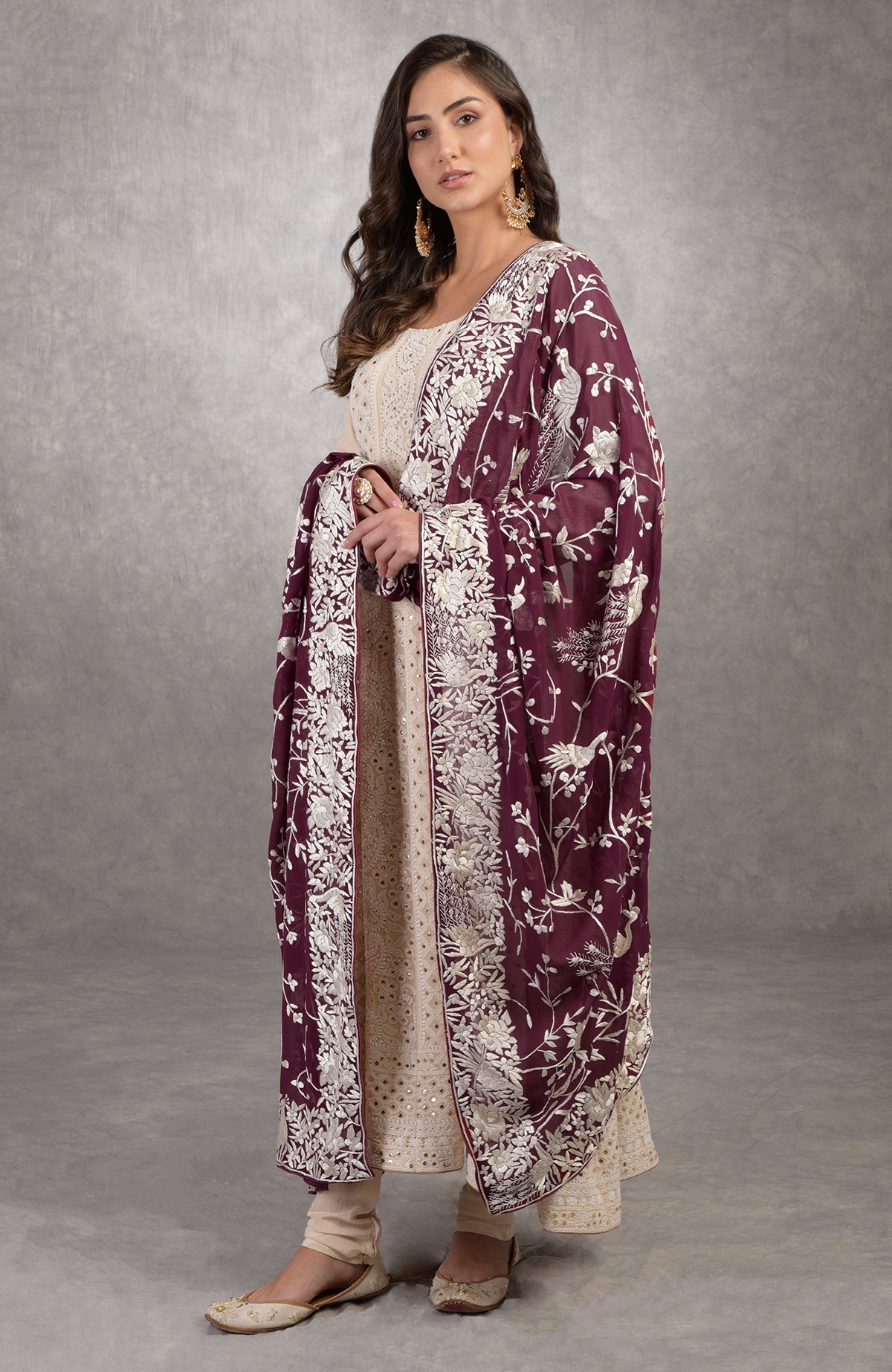 Ruby wine georgette dupatta with ivory Parsi Gara embroidery and chikankari Anarkali suit details visible