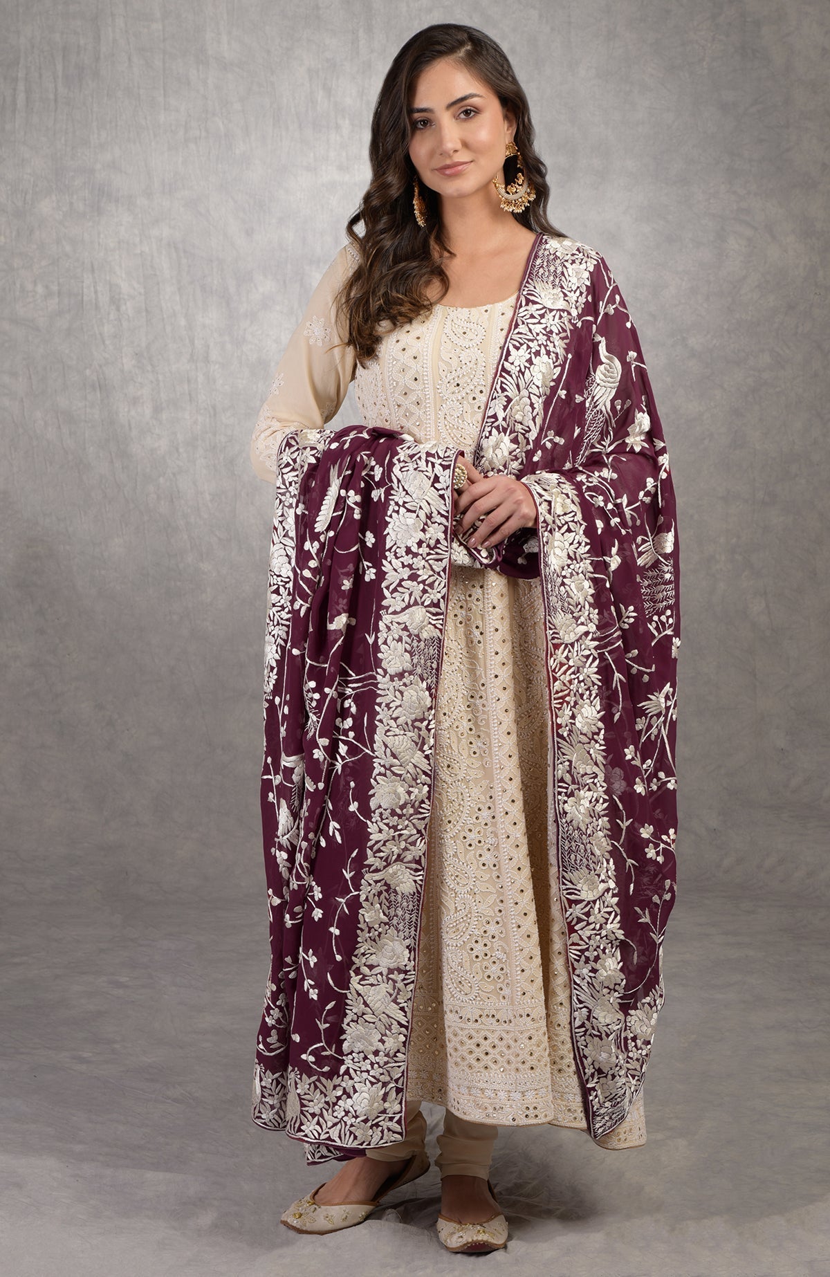 Ruby wine georgette dupatta with ivory Parsi Gara embroidery and chikankari Anarkali suit details visible