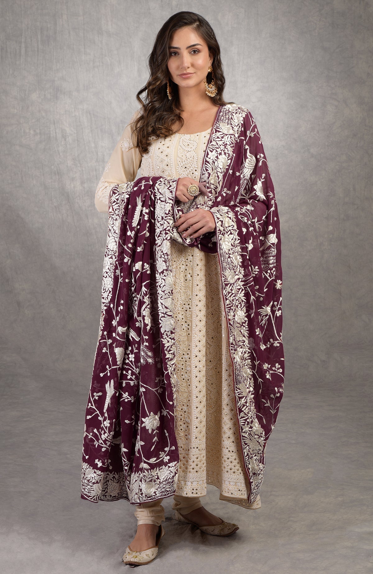 Ruby wine georgette dupatta with ivory Parsi Gara embroidery and chikankari Anarkali suit details visible