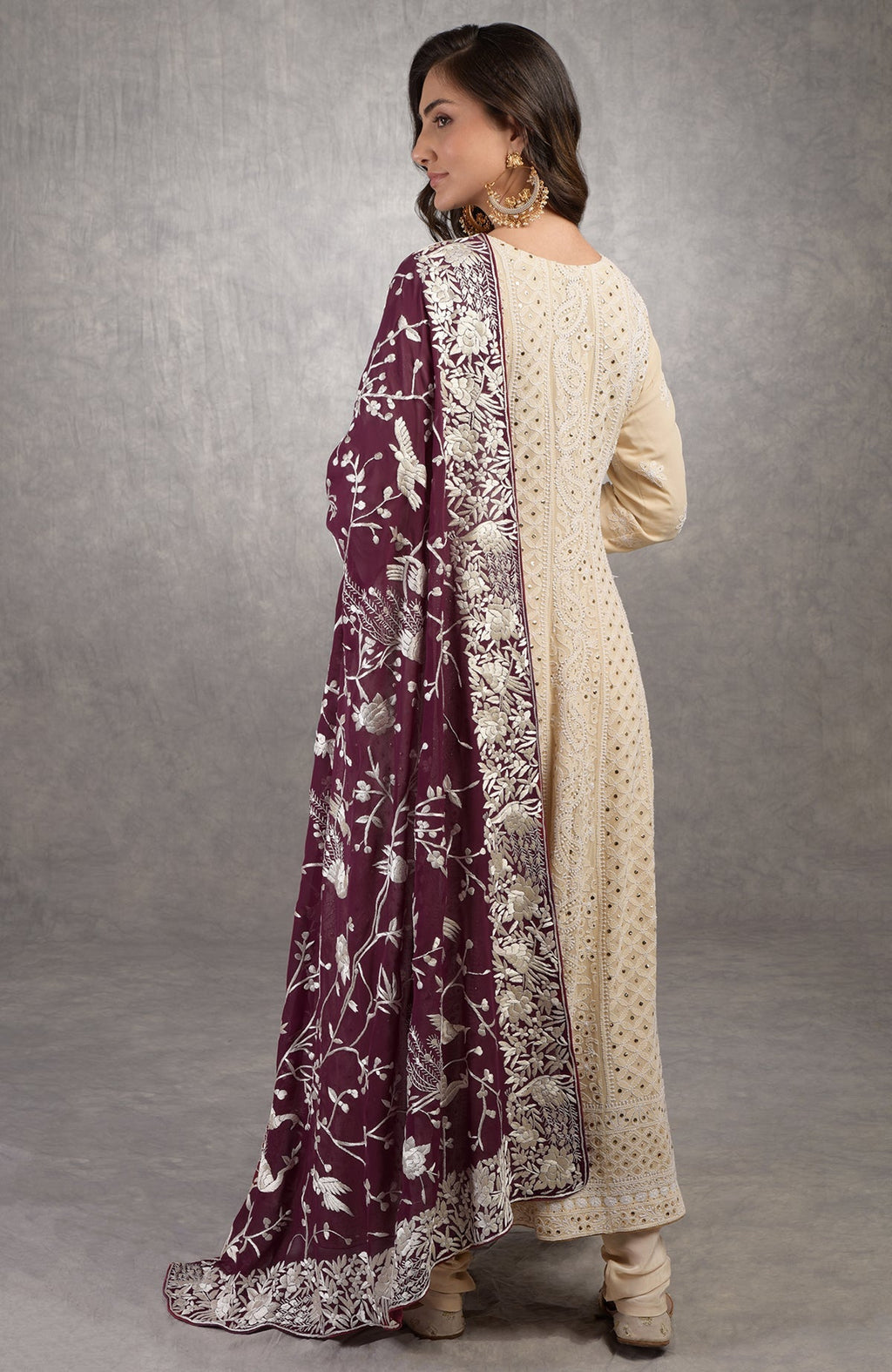 Ruby wine georgette dupatta with ivory Parsi Gara embroidery and chikankari Anarkali suit details visible