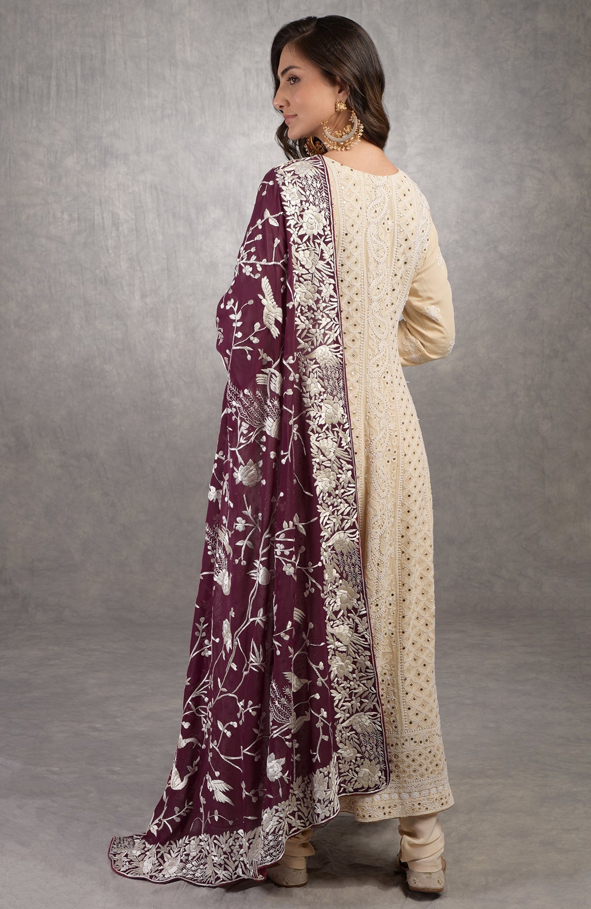 Ruby wine georgette dupatta with ivory Parsi Gara embroidery and chikankari Anarkali suit details visible