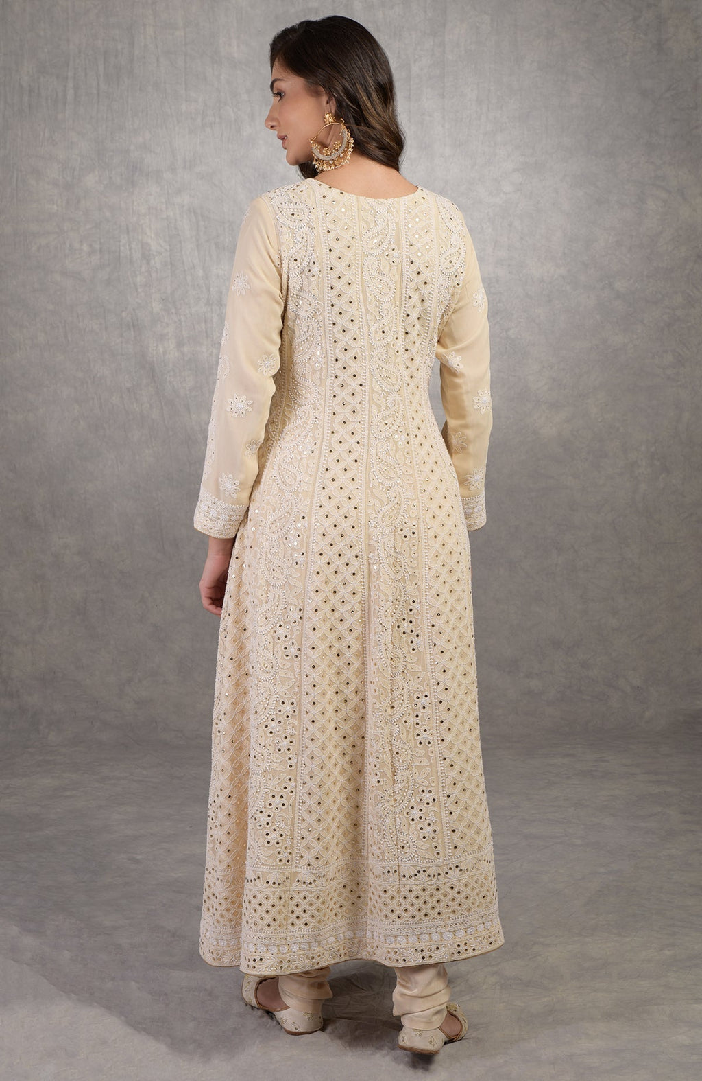 Ruby wine georgette dupatta with ivory Parsi Gara embroidery and chikankari Anarkali suit details visible