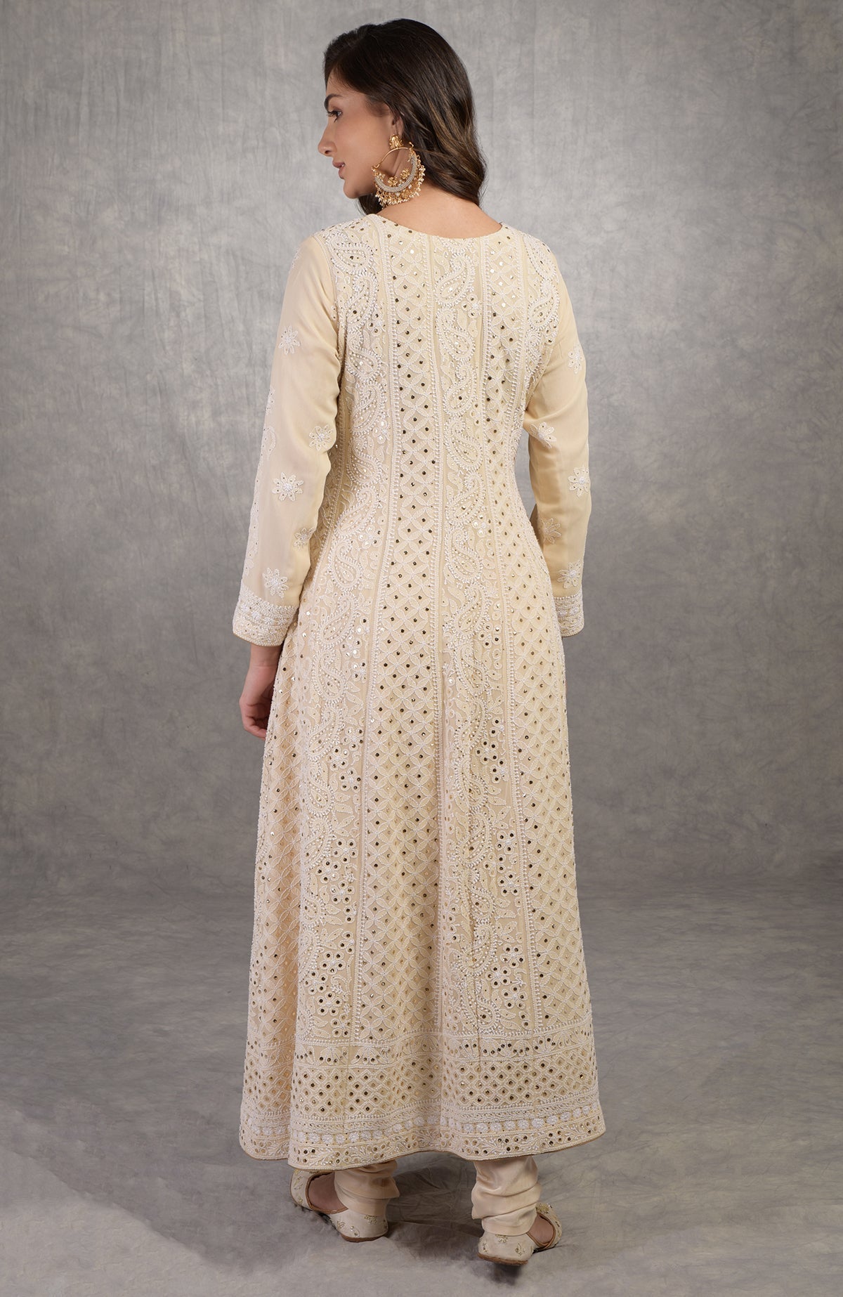 Ruby wine georgette dupatta with ivory Parsi Gara embroidery and chikankari Anarkali suit details visible