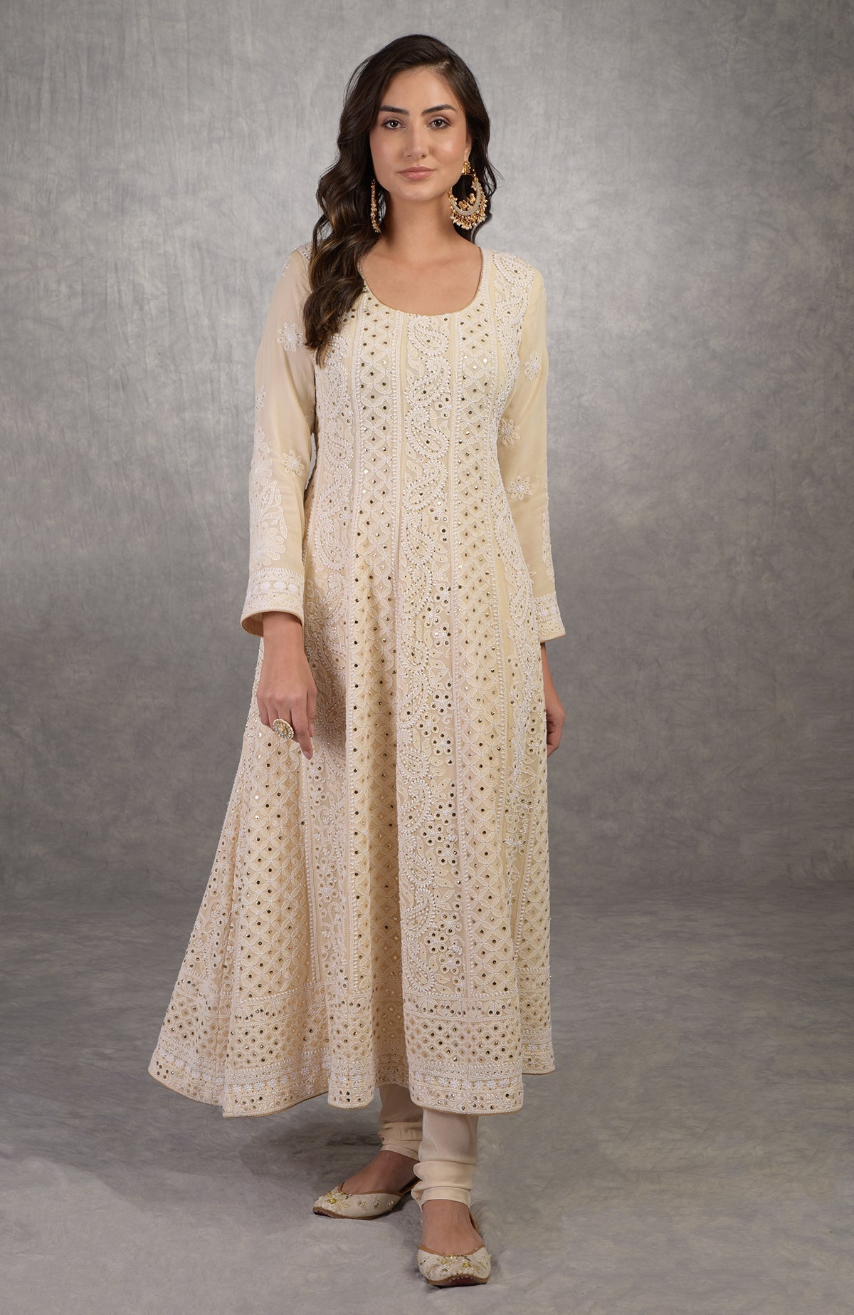 Ruby wine georgette dupatta with ivory Parsi Gara embroidery and chikankari Anarkali suit details visible