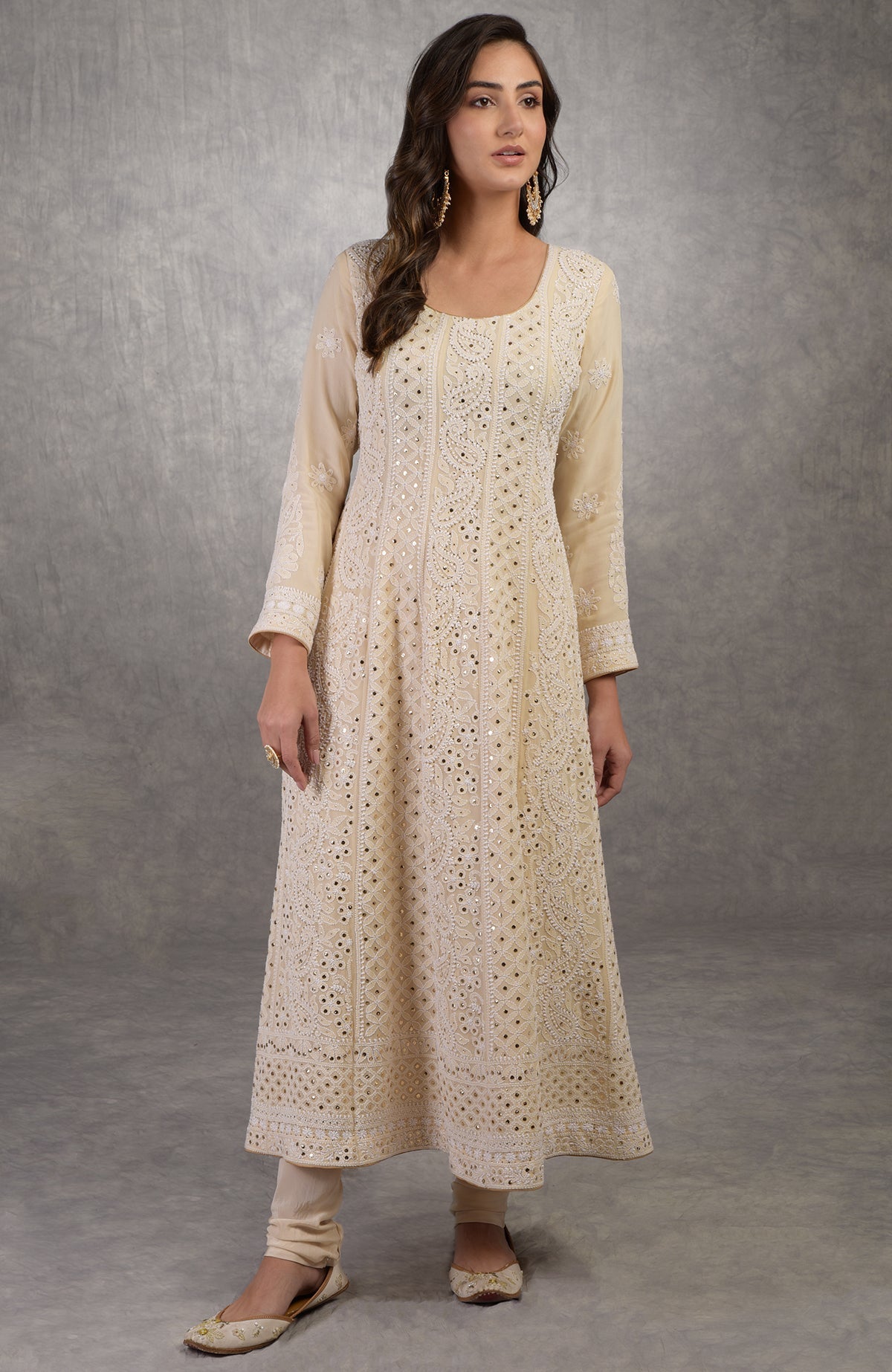 Ruby wine georgette dupatta with ivory Parsi Gara embroidery and chikankari Anarkali suit details visible