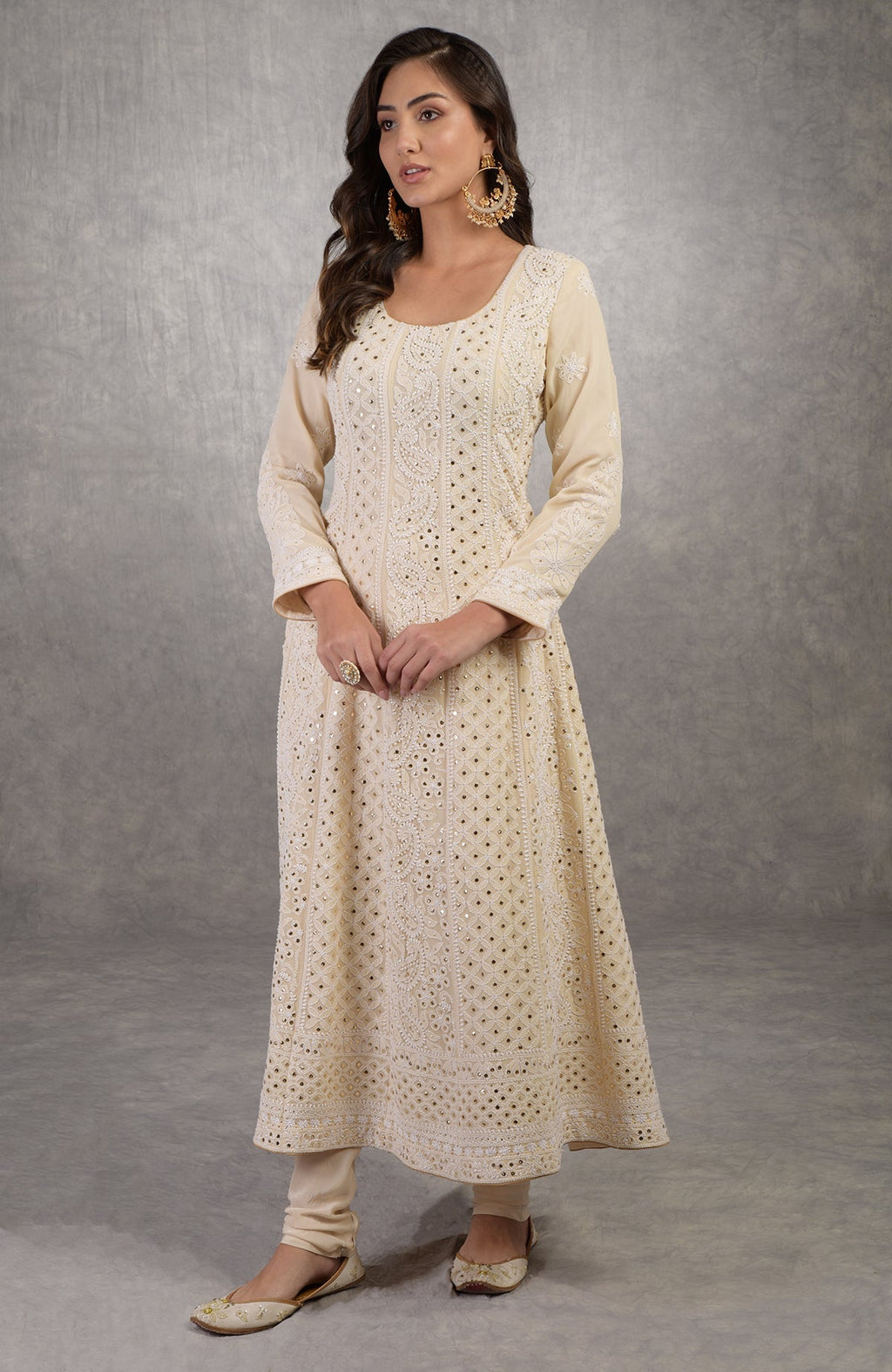 Ruby wine georgette dupatta with ivory Parsi Gara embroidery and chikankari Anarkali suit details.
