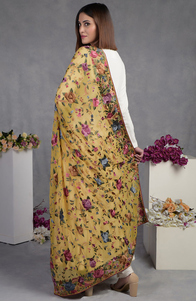 Pure georgette dupatta with multicolor Parsi Gara floral and bird hand embroidery and wide borders.