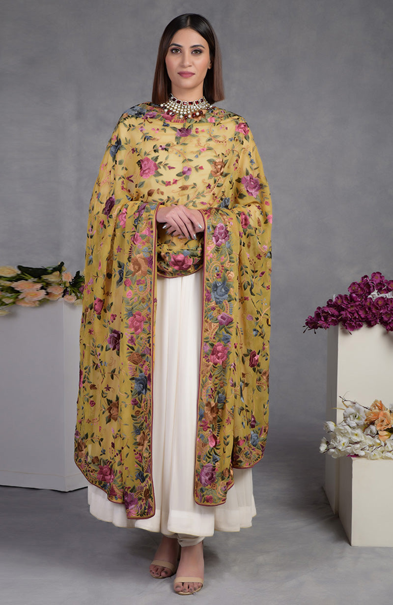 Pure georgette dupatta with multicolor Parsi Gara floral and bird hand embroidery and embroidered borders