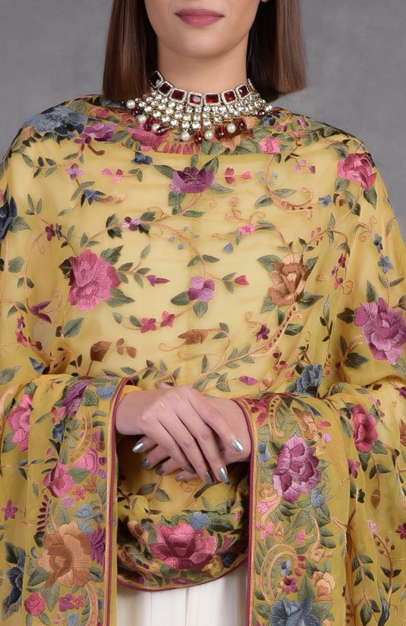 Pure georgette dupatta with multicolor Parsi Gara floral and bird hand embroidery and wide borders