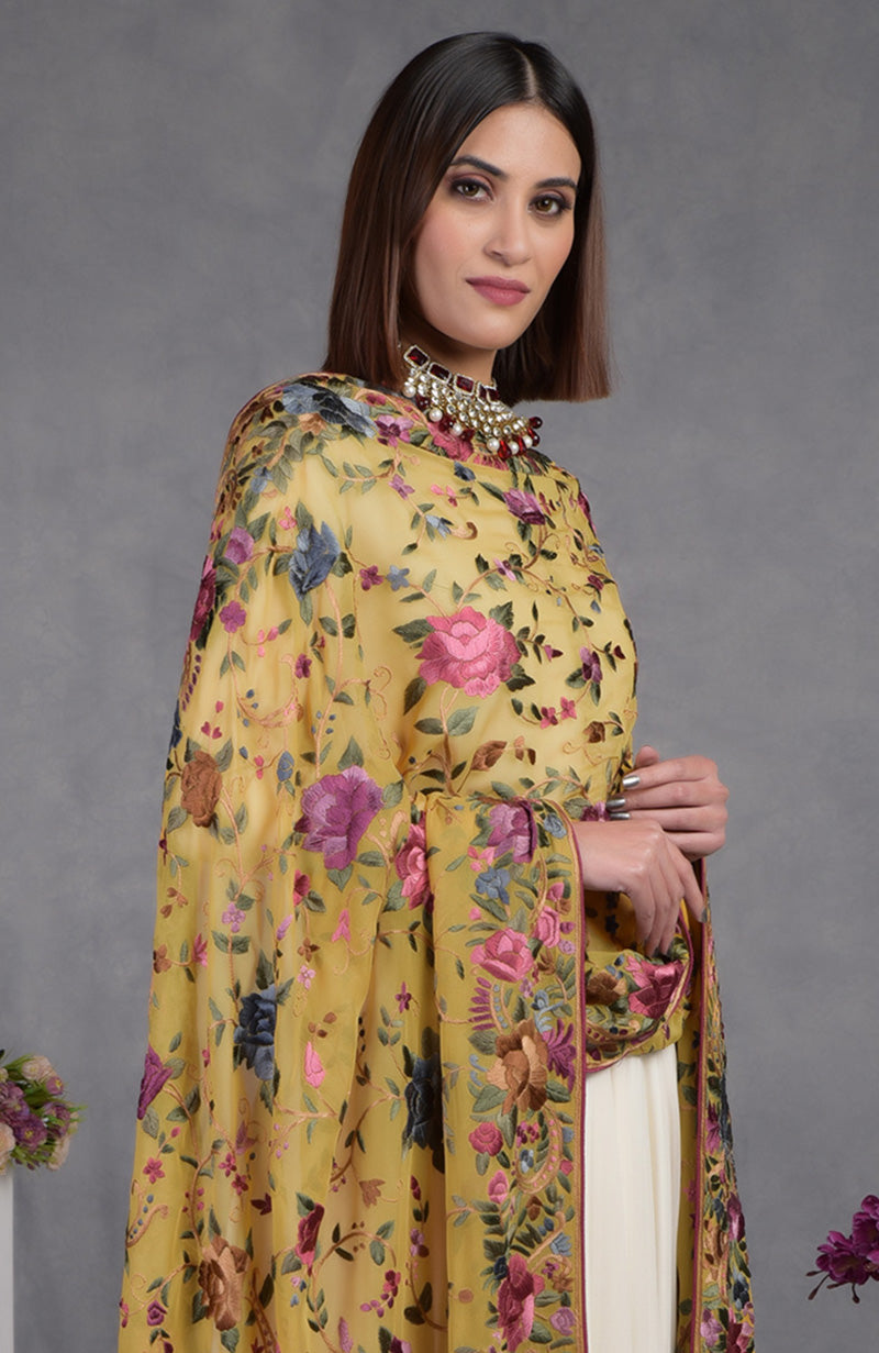 Pure georgette dupatta with multicolor Parsi Gara floral and bird hand embroidery and wide borders