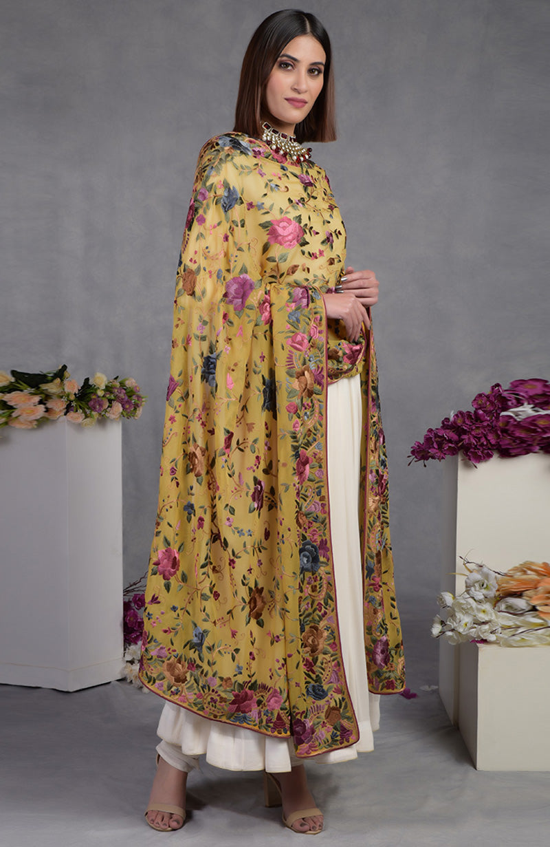 Georgette dupatta with multicolor Parsi Gara floral and bird hand embroidery and wide borders