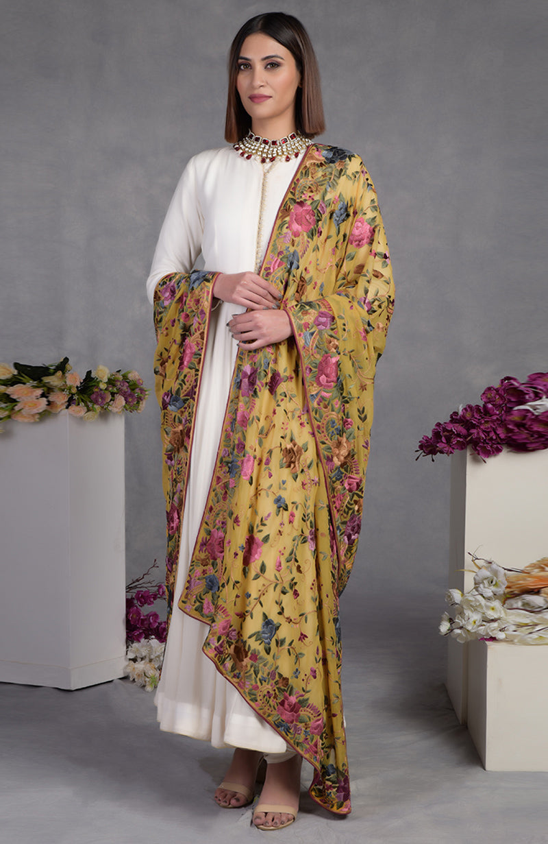 Pure georgette dupatta with multicolor Parsi Gara floral and bird hand embroidery and wide borders.