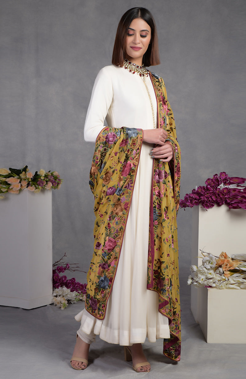 Pure georgette dupatta with multicolor Parsi Gara floral and bird hand embroidery and wide borders.