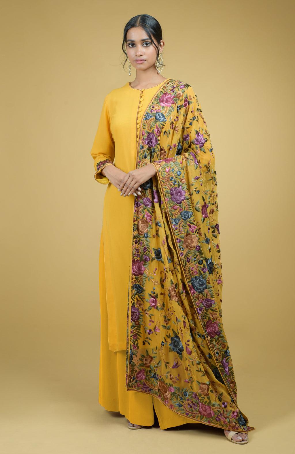 Georgette dupatta with multicolor Parsi Gara floral and bird embroidery paired with matching suit