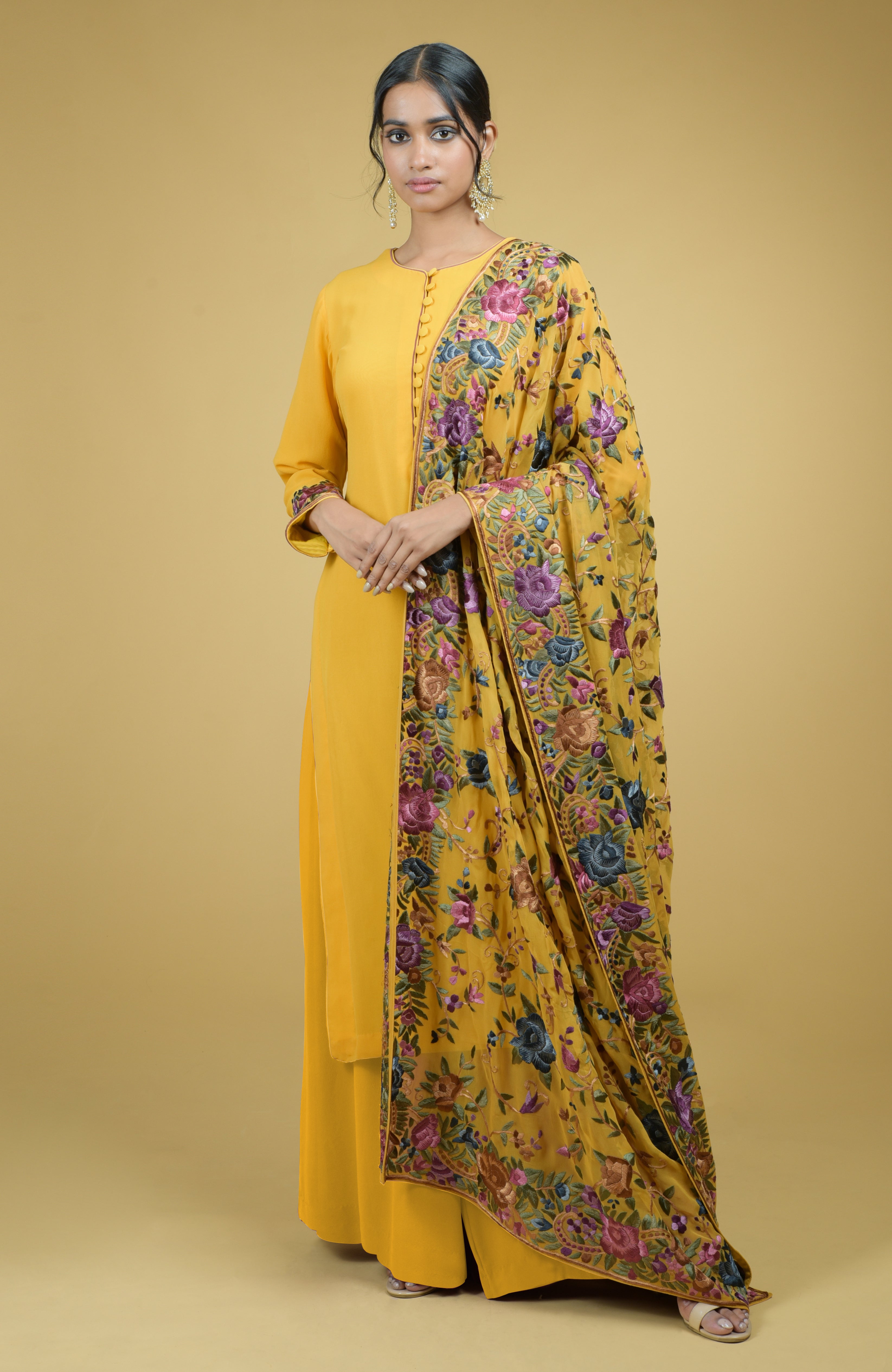 Georgette dupatta with multicolor Parsi Gara floral and bird embroidery paired with matching suit