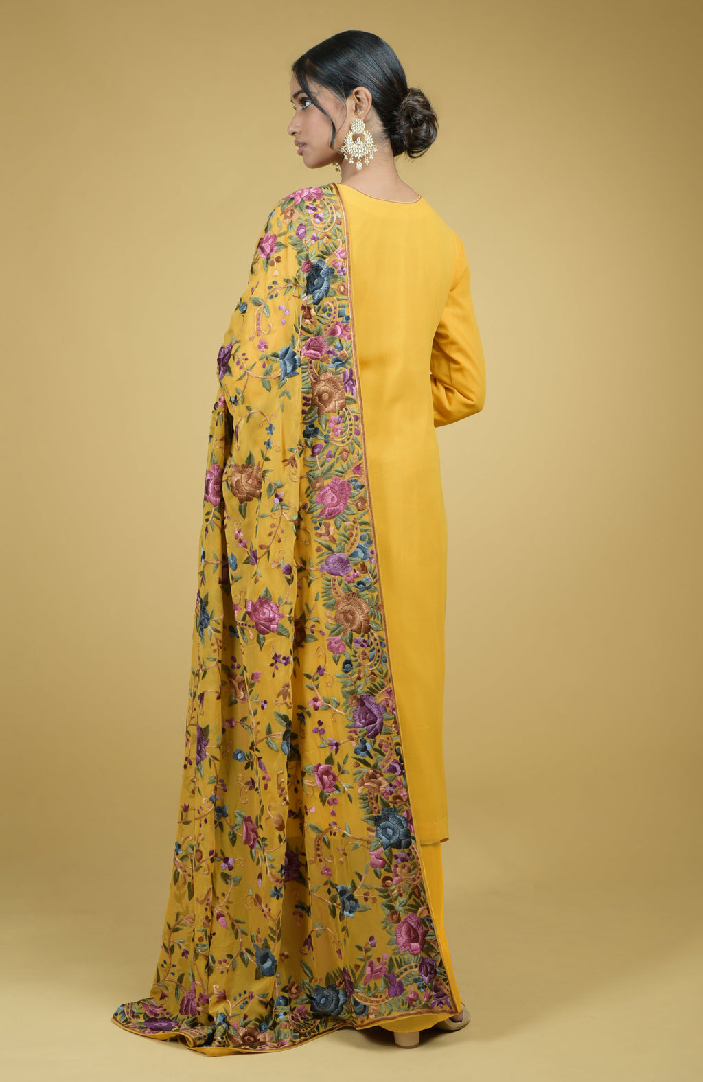 Georgette dupatta with multicolor Parsi Gara floral and bird embroidery paired with wine georgette suit