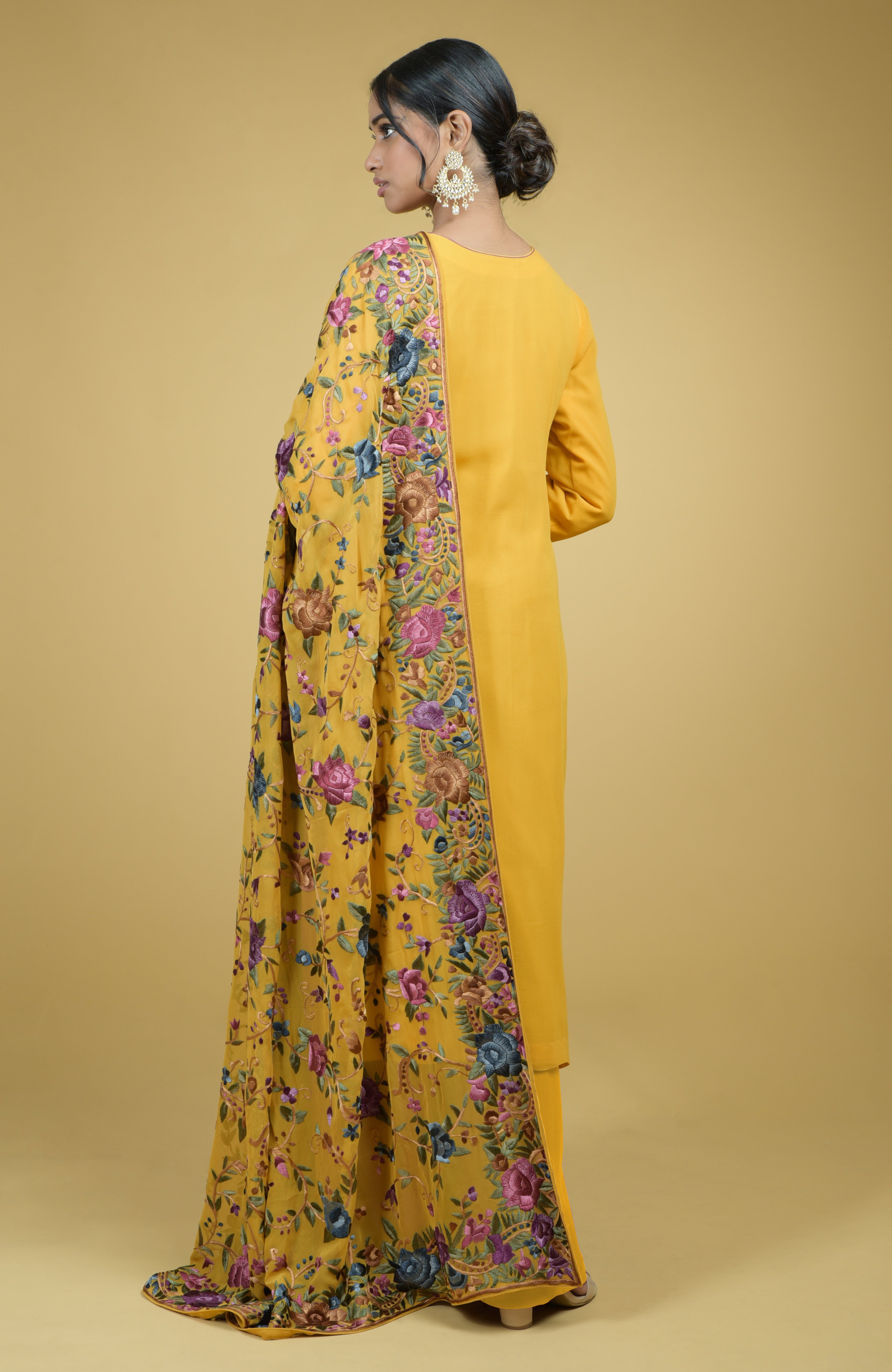 Georgette dupatta with multicolor Parsi Gara floral and bird embroidery paired with wine georgette suit