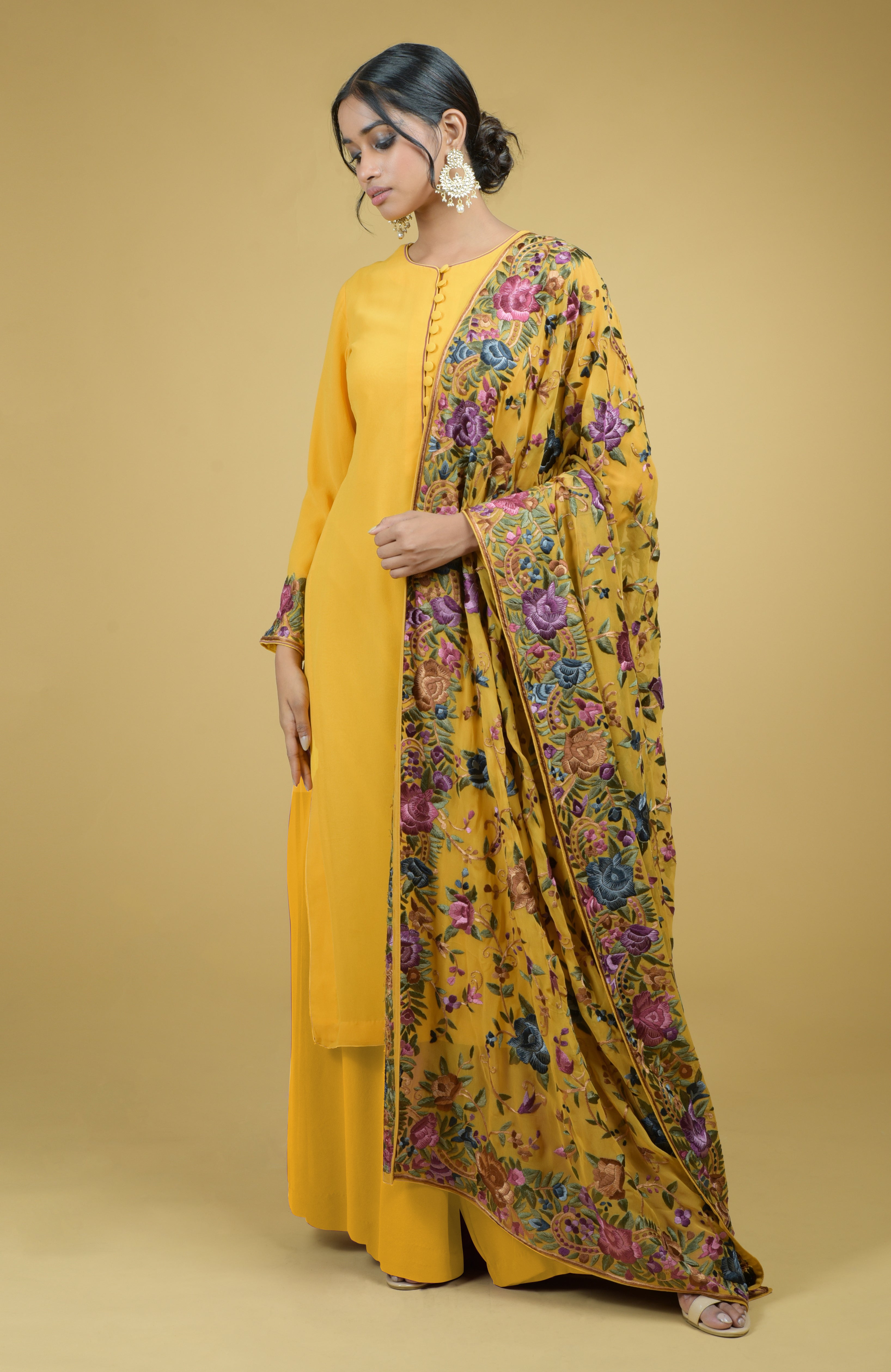 Georgette dupatta with multicolor Parsi Gara floral and bird embroidery paired with a georgette suit.