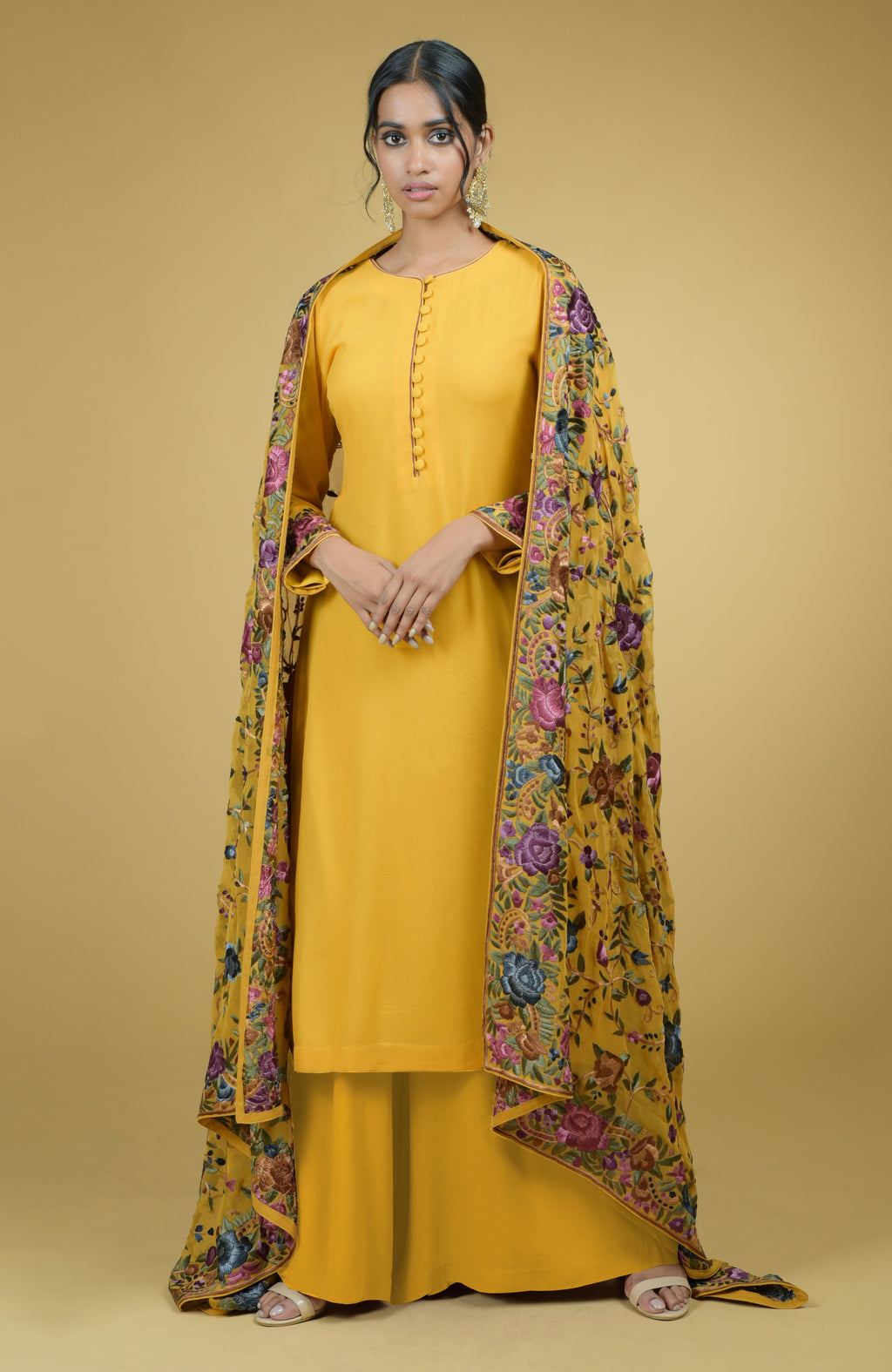 Pure georgette dupatta with multicolor Parsi Gara floral and bird embroidery paired with suit