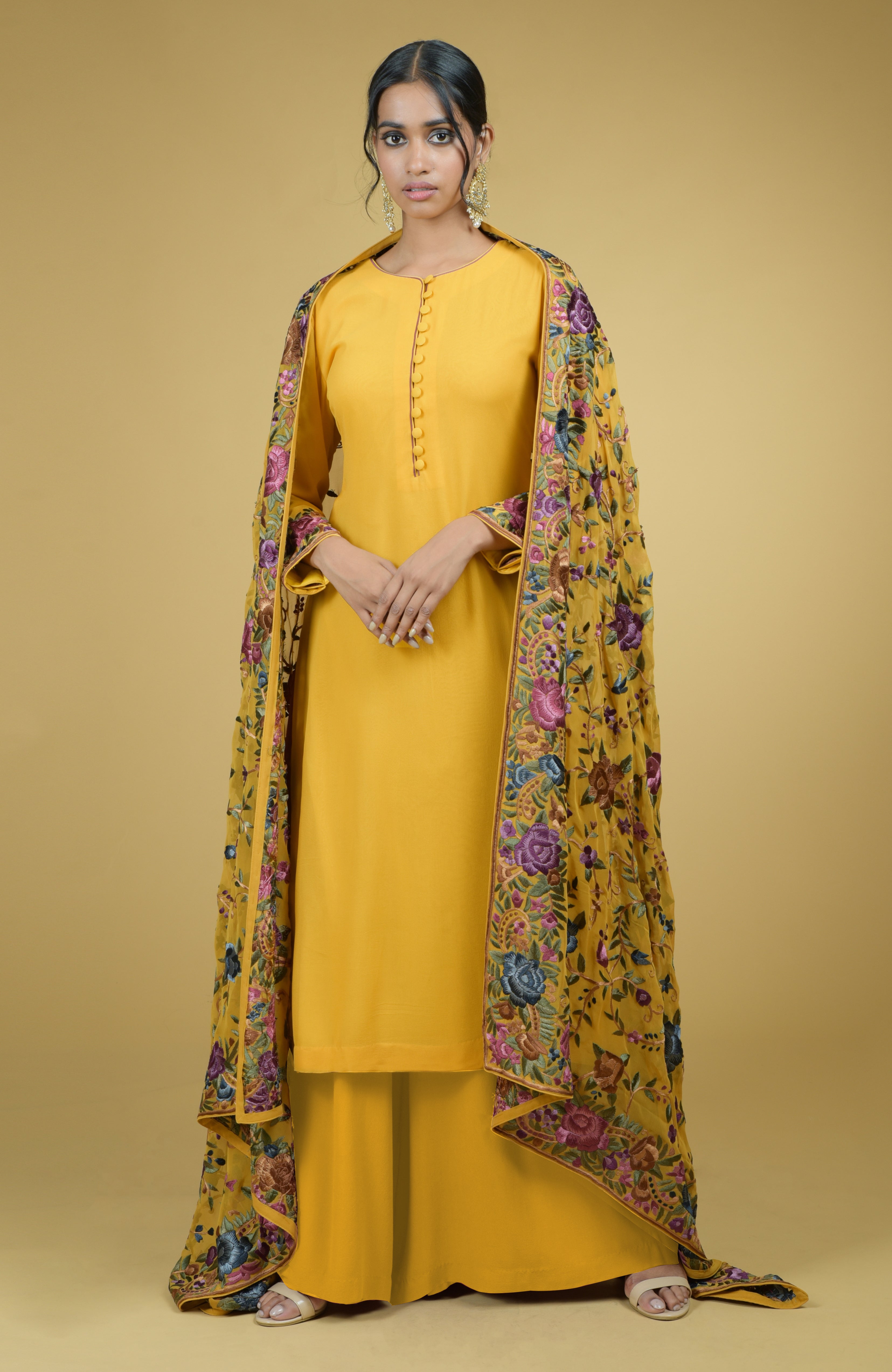 Pure georgette dupatta with multicolor Parsi Gara floral and bird embroidery paired with suit