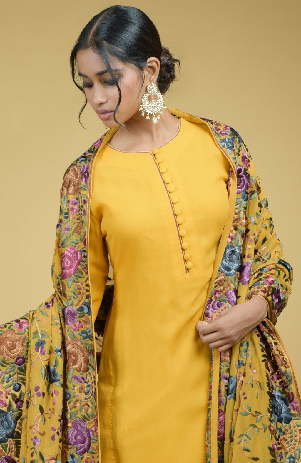 Pure georgette dupatta with multicolor Parsi Gara floral and bird hand embroidery and matching suit.