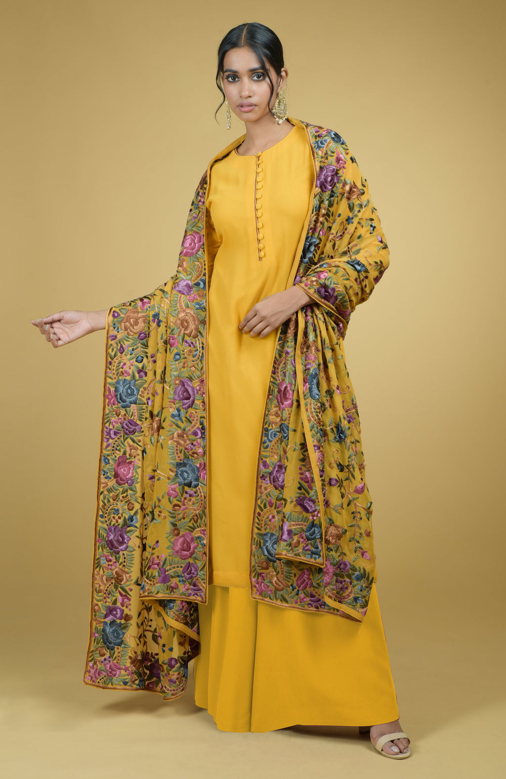 Wine-colored georgette suit with hand-embroidered Parsi Gara floral dupatta and sharara set.