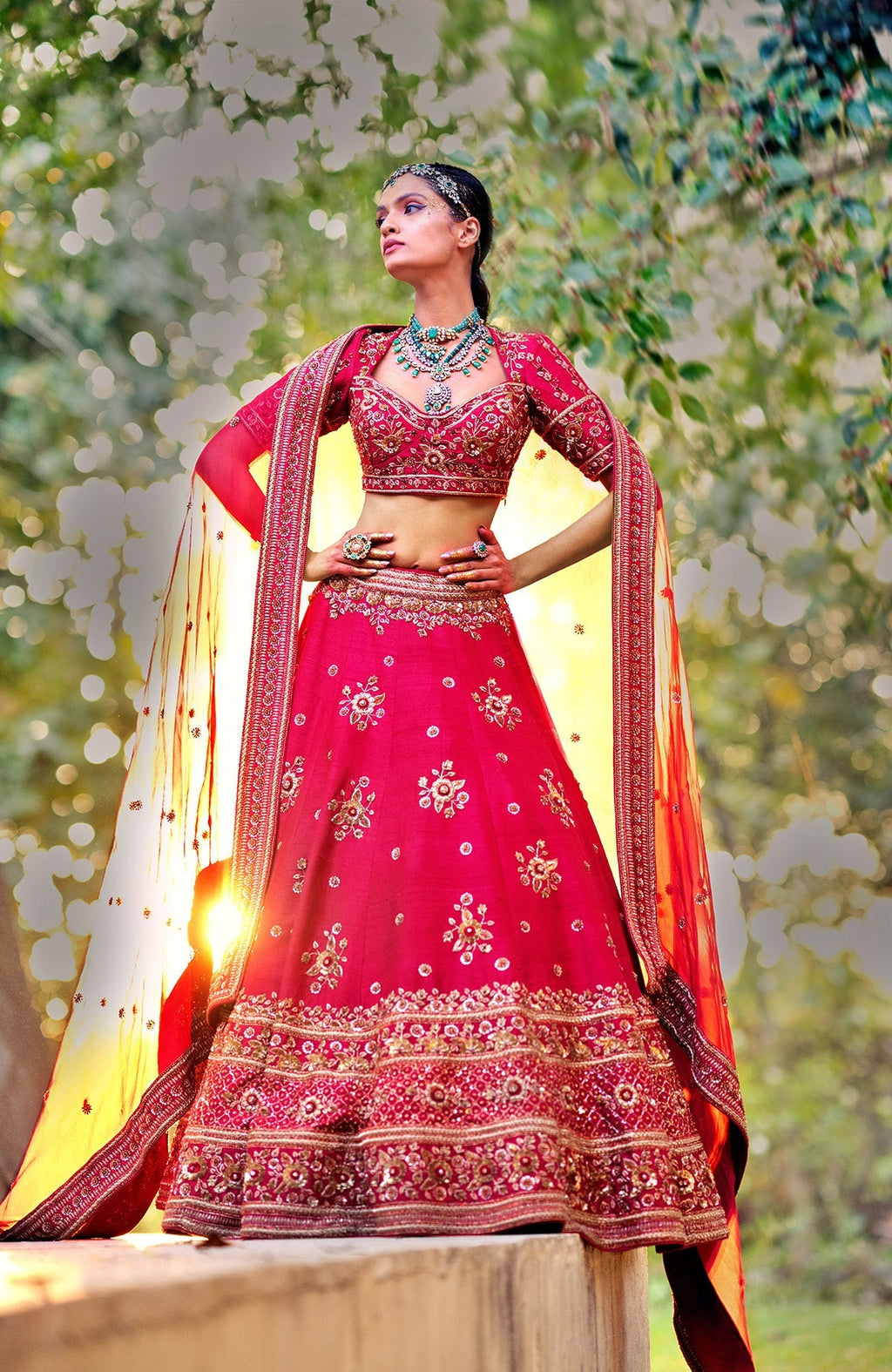 Deep red lehenga set with gold zardozi floral embroidery on blouse, skirt, and silk organza dupatta.