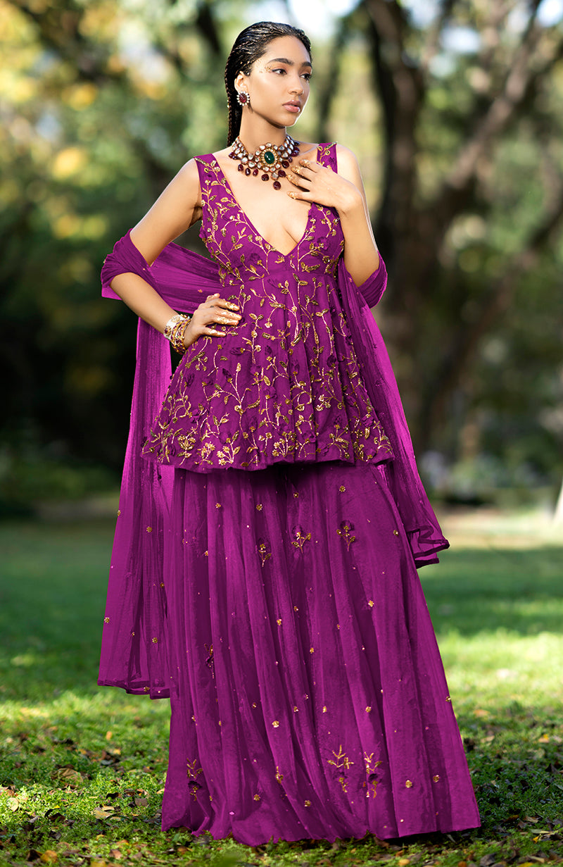 Berry-colored sharara set with 3-D floral and gold zardozi hand embroidery on tulle fabric